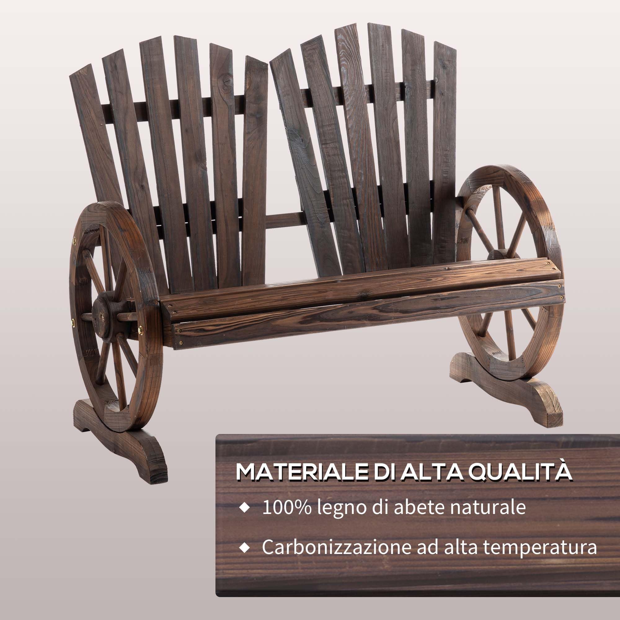 Outsunny Panchina da Giardino da 2 Posti con Braccioli a Forma di Ruota, Panchina da Esterno a Doghe in Legno di Abete, Panca per Terrazza Patio e Cortile, 108x66x95 cm, Carbonizzato