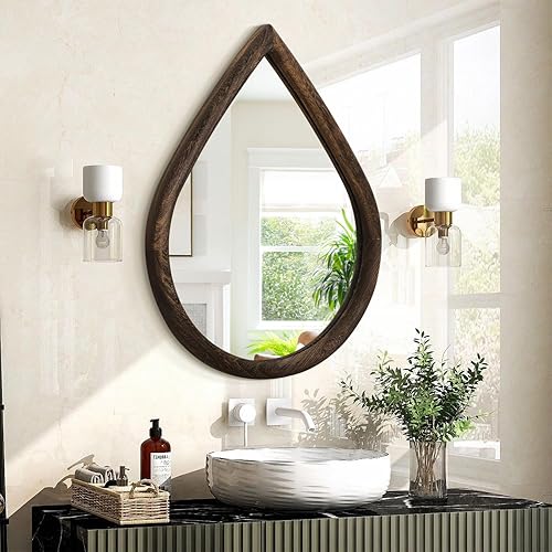 Miniatura 2 de Espejos de marco de madera para pared, espejos colgantes rústicos retro en forma de gota, espejo de pared irregular para baño, dormitorio, 16 x 20