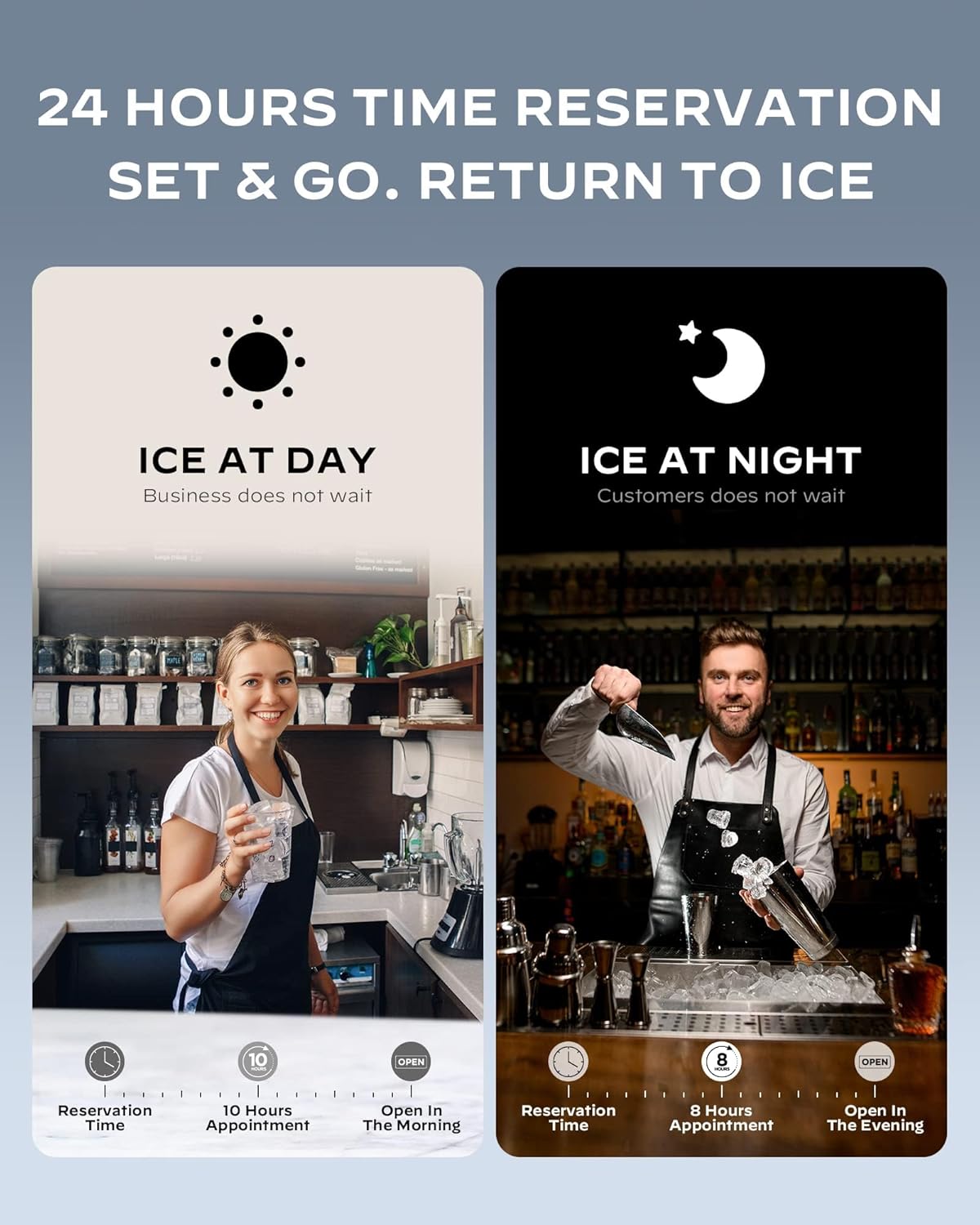 Images depicting 'Ice at Day' and 'Ice at Night' scenarios with time reservation settings on the Silonn ice maker