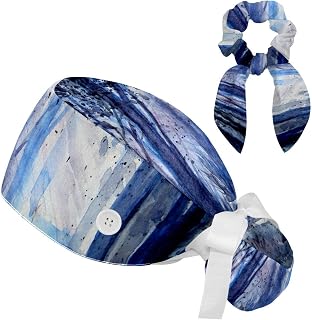 FVQL 2 Pieces Surgical Cap for Long Hair Scrub Cap with Hairband Nurse Cap, Forest Pattern Painting