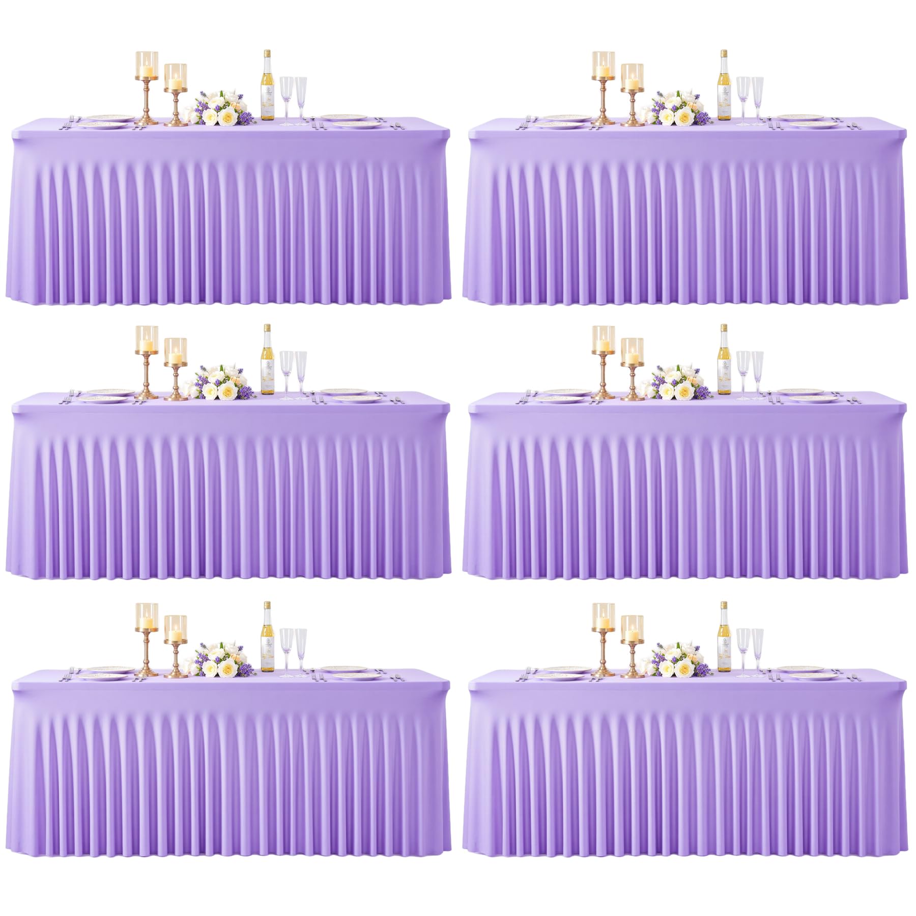 6 Pack Lavender Spandex Tablecloths for Rectangle Tables Light Purple Stretch Table Cloth Rectangle 8ft Lilac Elastic Fitted Table Cover with Skirt for Wedding Birthday Party Banquet Baby Shower