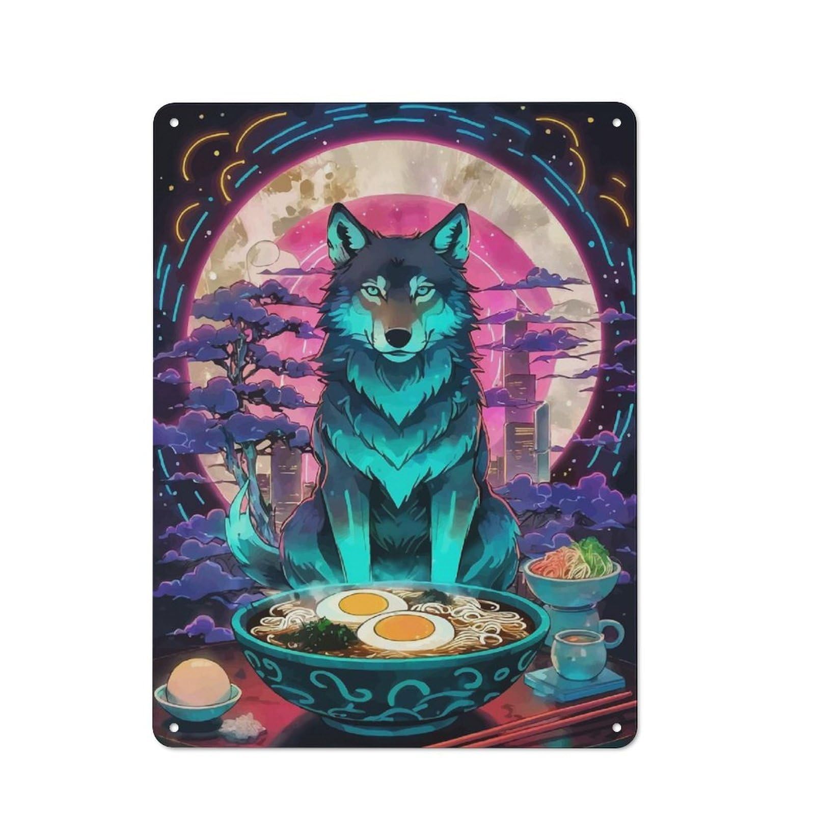 Tin Wall Plaque 40x30cm with Wolf Ramen Art for Pub Or Café, for Hospitality Wall Decor Collectors