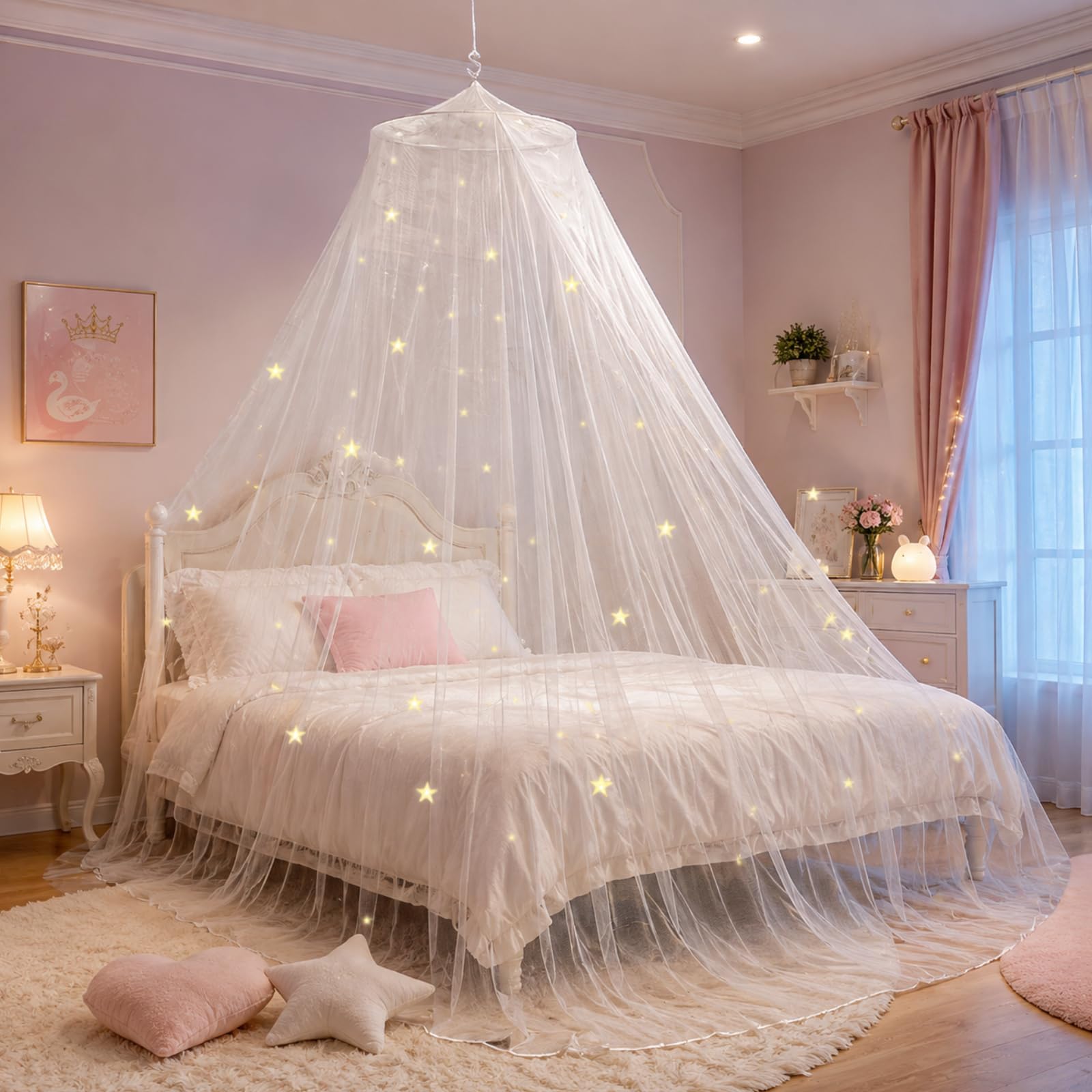 Bed Canopy Girls & 100 Glow Star Stickers, Round Dome Princess Canopy White
