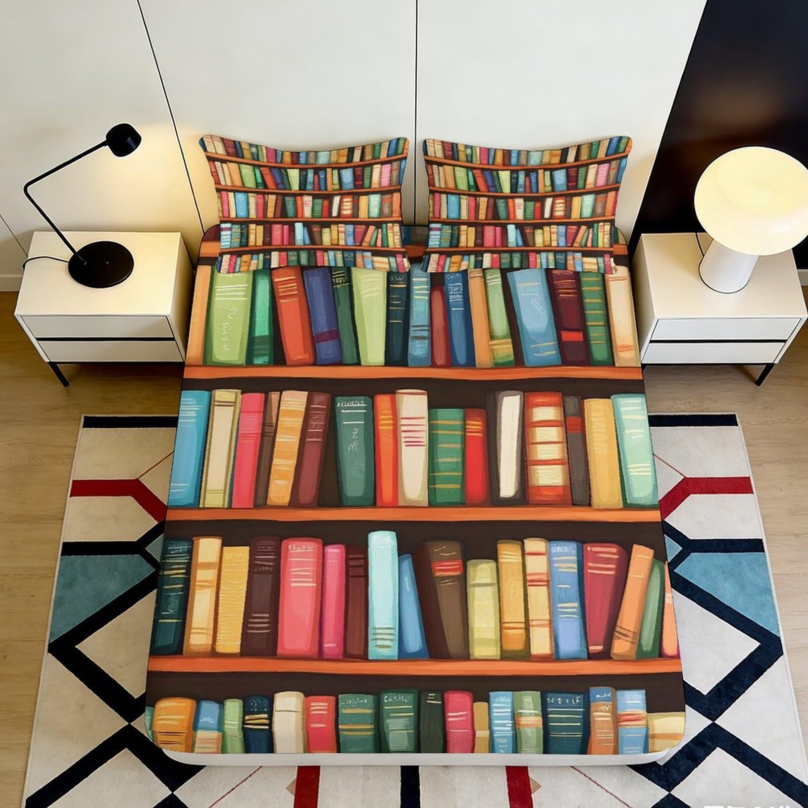3D Printed Bookshelf Fitted Sheet Microfiber Anti-Slip Mattress Cover Library Pattern Bed Sheet for Bedroom Dorm Decor 116 200x200x25cm