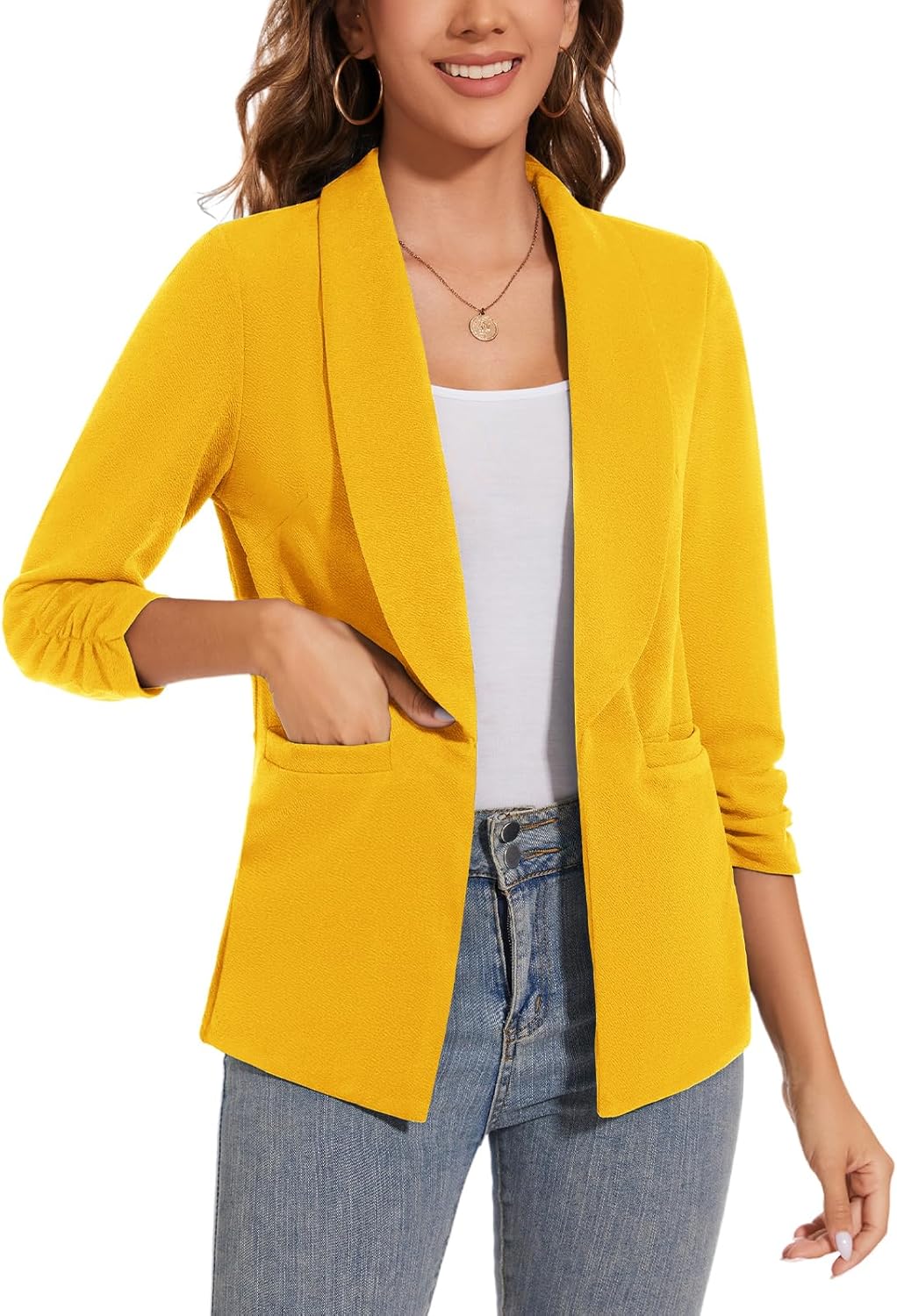 Women Casual Shawl Lapel Work Blazer Ruched 3/4 Sleeve Open Front Business Office Suit Jackets with Pockets
