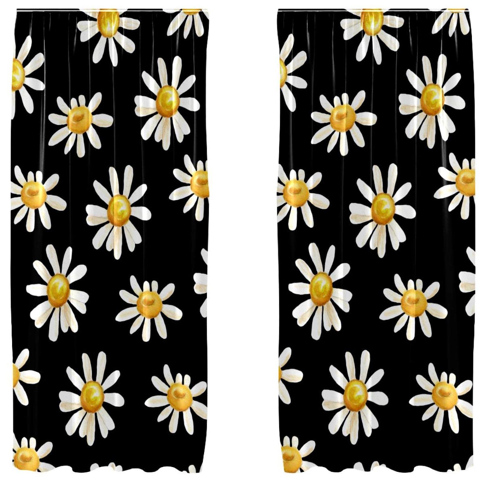 Rideaux occultants microfibre marguerites noir 2 panneaux 140x213cm