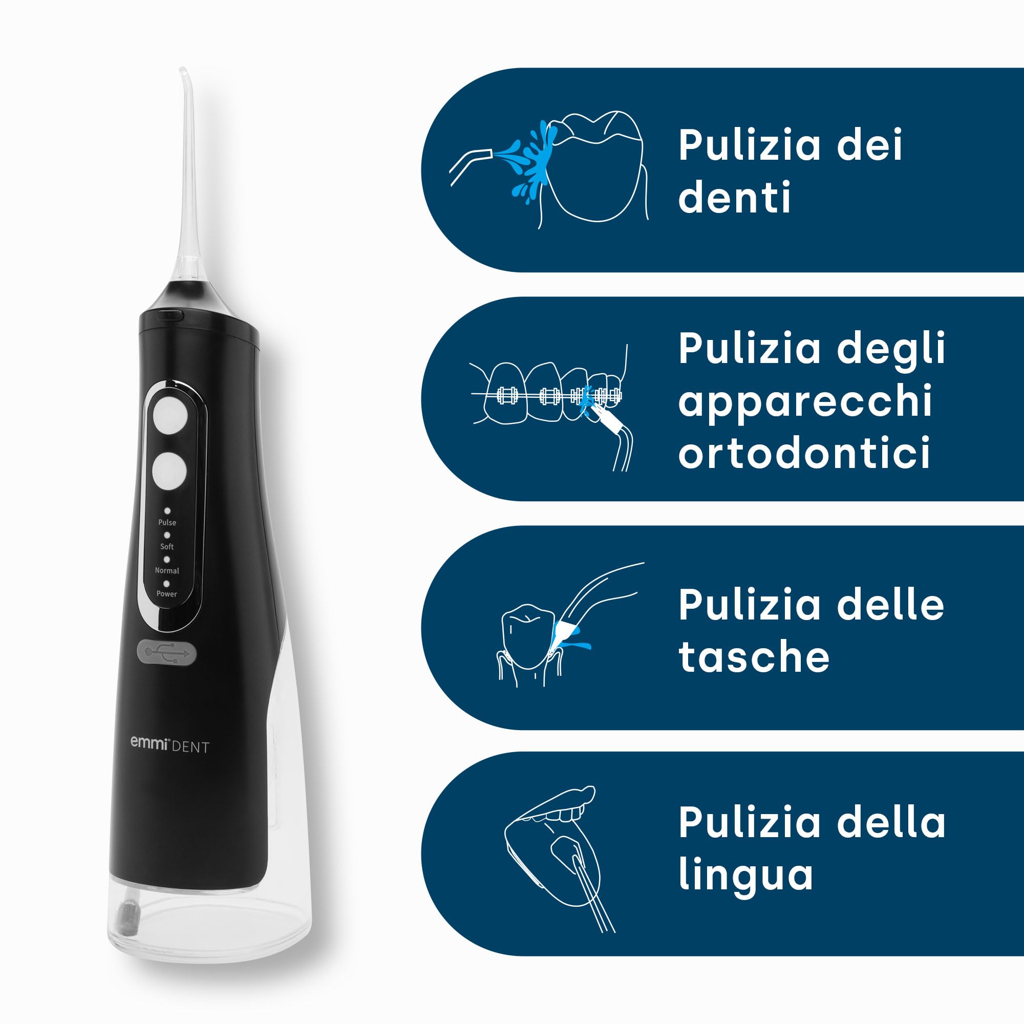 emmi-dent Irrigador bucal inalámbrico, 310 ml, limpiador interdental con limpieza a 360° para un cuidado dental profundo, 4 modos de limpieza, 4 boquillas