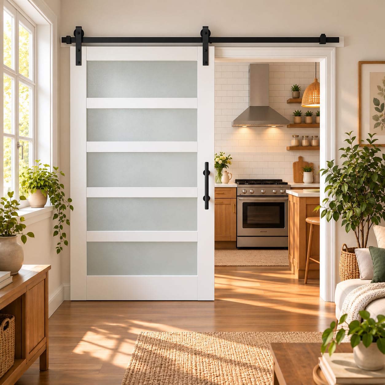 S&amp;Z TOPHAND® 46in x 80in Glass Sliding MDF Barn Door with Sliding Door Hardware Kit, 5 Tempered Frosted Glass, Slab Inside Covered with Water-Proof PVC Surface, Simple DIY Assembly