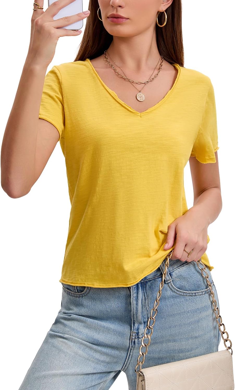 Inadays Womens Slub Cotton T Shirts Short Sleeve V-Neck Raw Hem Summer Tops Loose Fit Tee Basic Clothes Fashion Outfits - Image 2