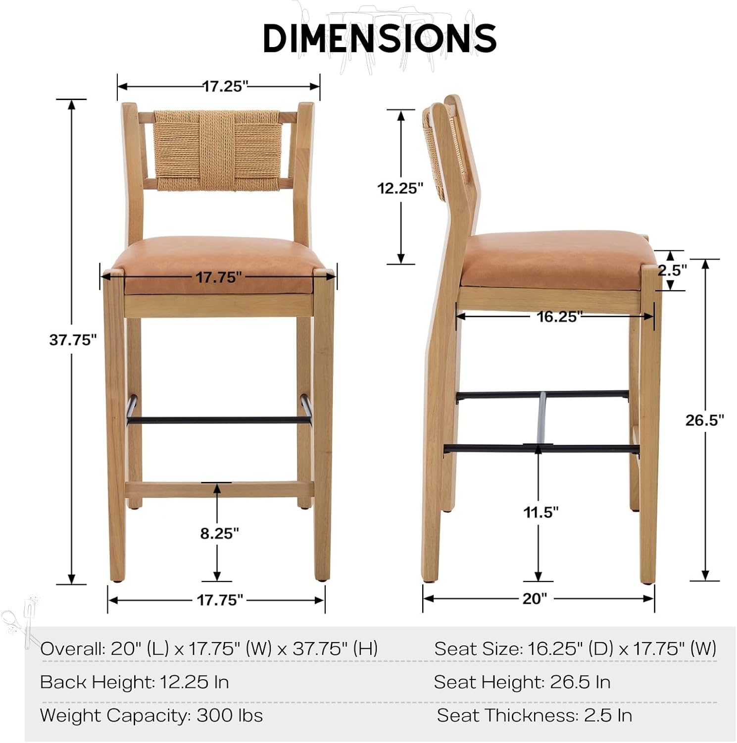 HEAH-YO Bar Stools Set of 2, 26.5" Bohemian Counter Height Stools with Woven Back, PU Leather Fabric Upholstered Bar Chairs Barstools for Kitchen Island Home Bar, Natural Wood Legs - White