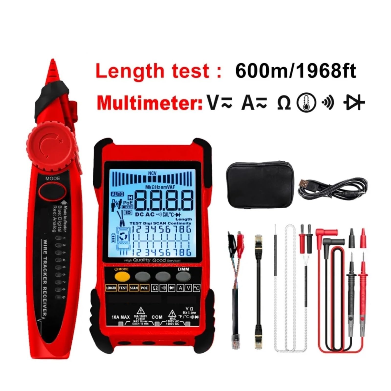 Tester for Cavi di Rete Multimetro Test Traccia Cavo LAN Lunghezza Misurazione Sensibilità Tracciante Linea Regolabile Leggero E Portatile(ET616)
