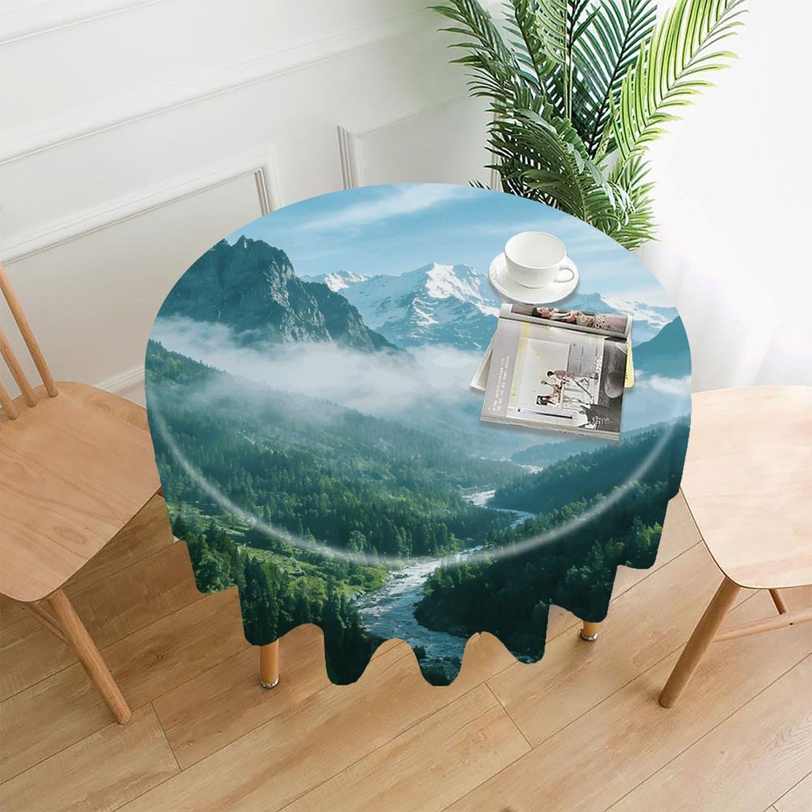 LZQPOEAS Mountain Cyan Tablecloth Easy to Clean Polyester Round Table Cover Washable Round Table Cloth Wrinkle-Free Circle Decoration Tablecloth for Kitchen and Dining Room 60"