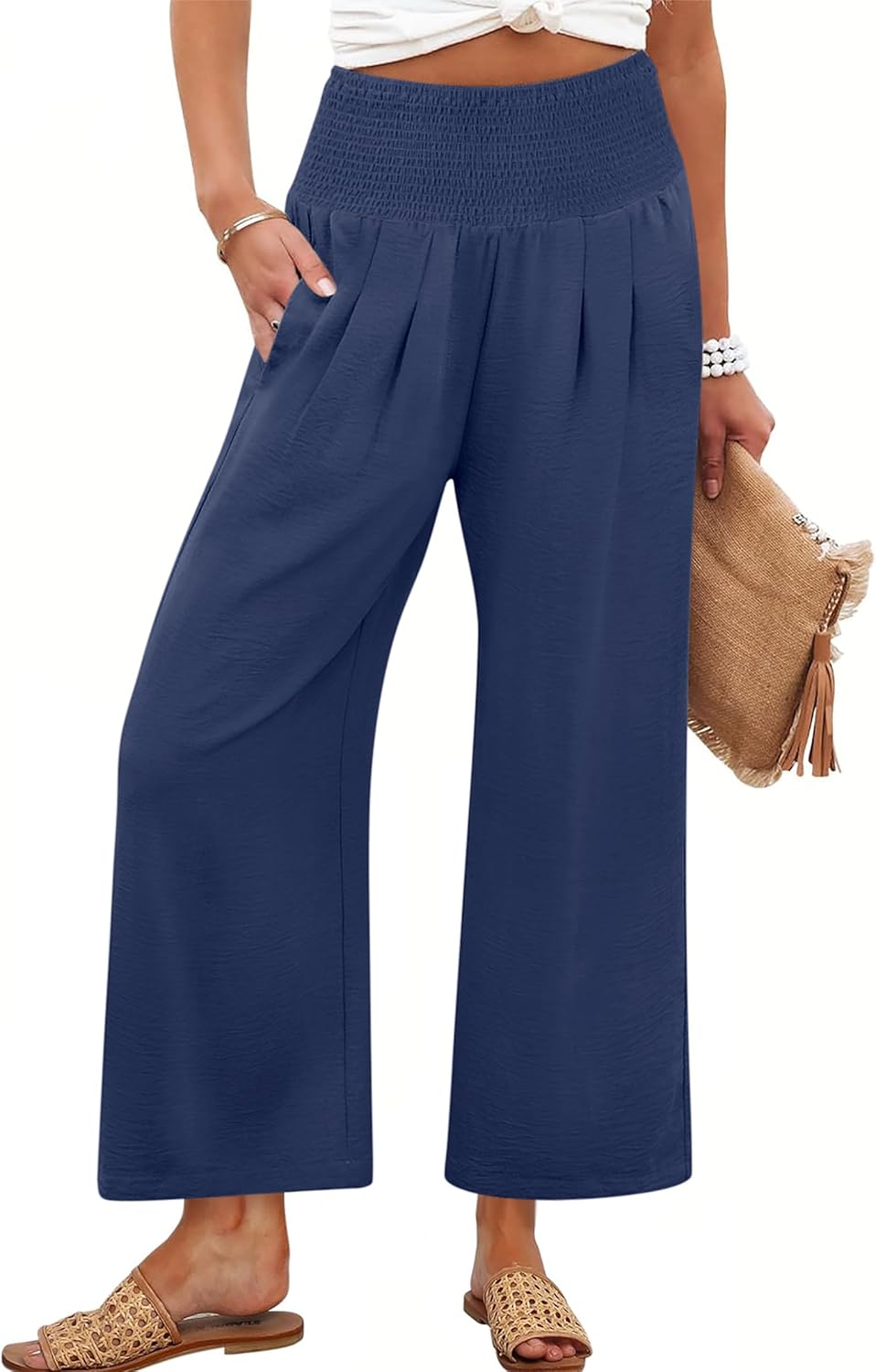 ANRABESS Womens Pants Wide Leg High Waisted Palazzo Pants Summer Flowy Beach Lounge Casual Trousers with Pockets