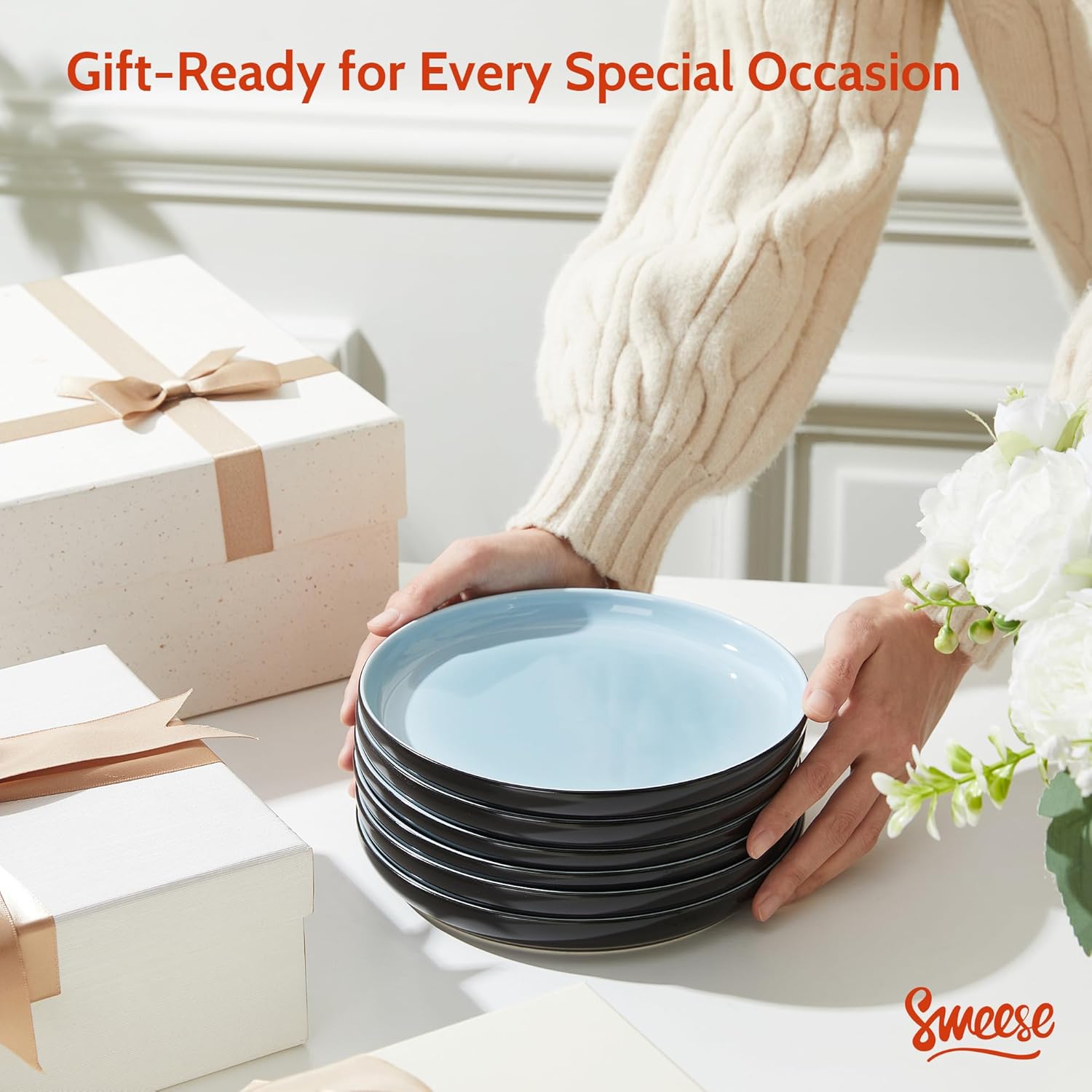 Sweese Porcelain Dessert Plates, 7.4 Inch Lightweight Round Salad Plates Set of 6, Small Appetizer, Small Kitchen Dish, Microwave & Dishwasher Safe, Scratch Resistant Plates set, Black & Blue