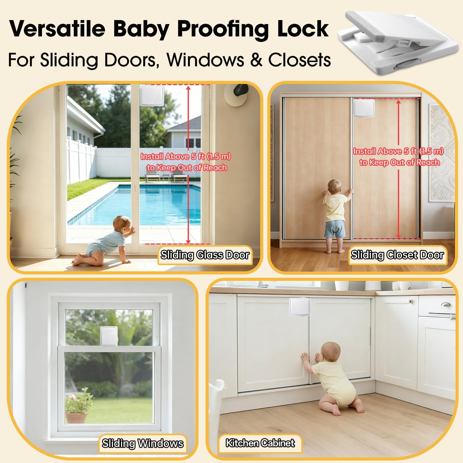Sliding Glass Door Child Lock: 4-Pack for Glass Doors, Balcony, Windows & Closets, 3-Second No-Drill Install, Durable Baby Safety Stopper for Kids & Toddlers (Ages 0-4)