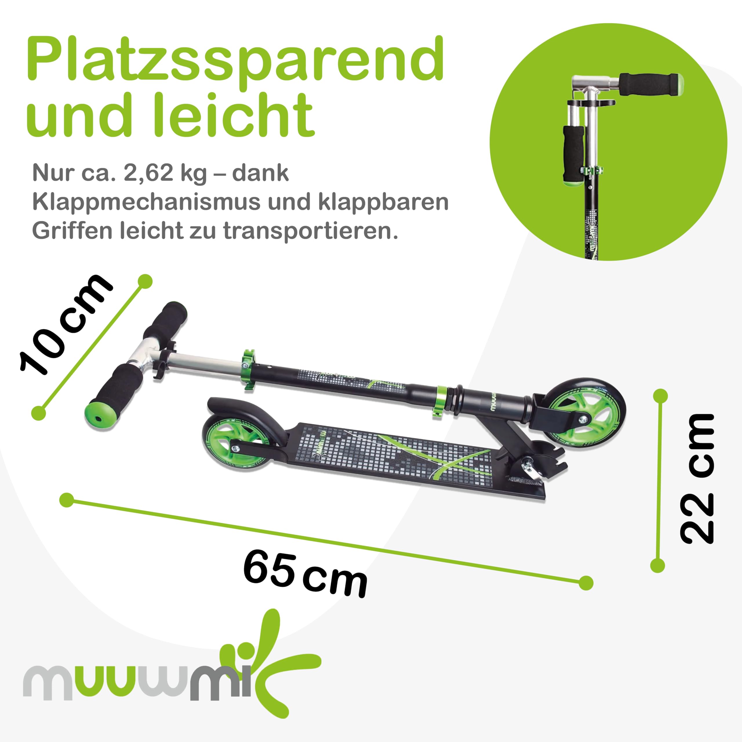 Muuwmi Aluminium Scooter – Tretroller, 125 mm, ABEC 5, GS geprüft, höhenverstellbar, Maximale Tragkraft - 100 Kilogramm