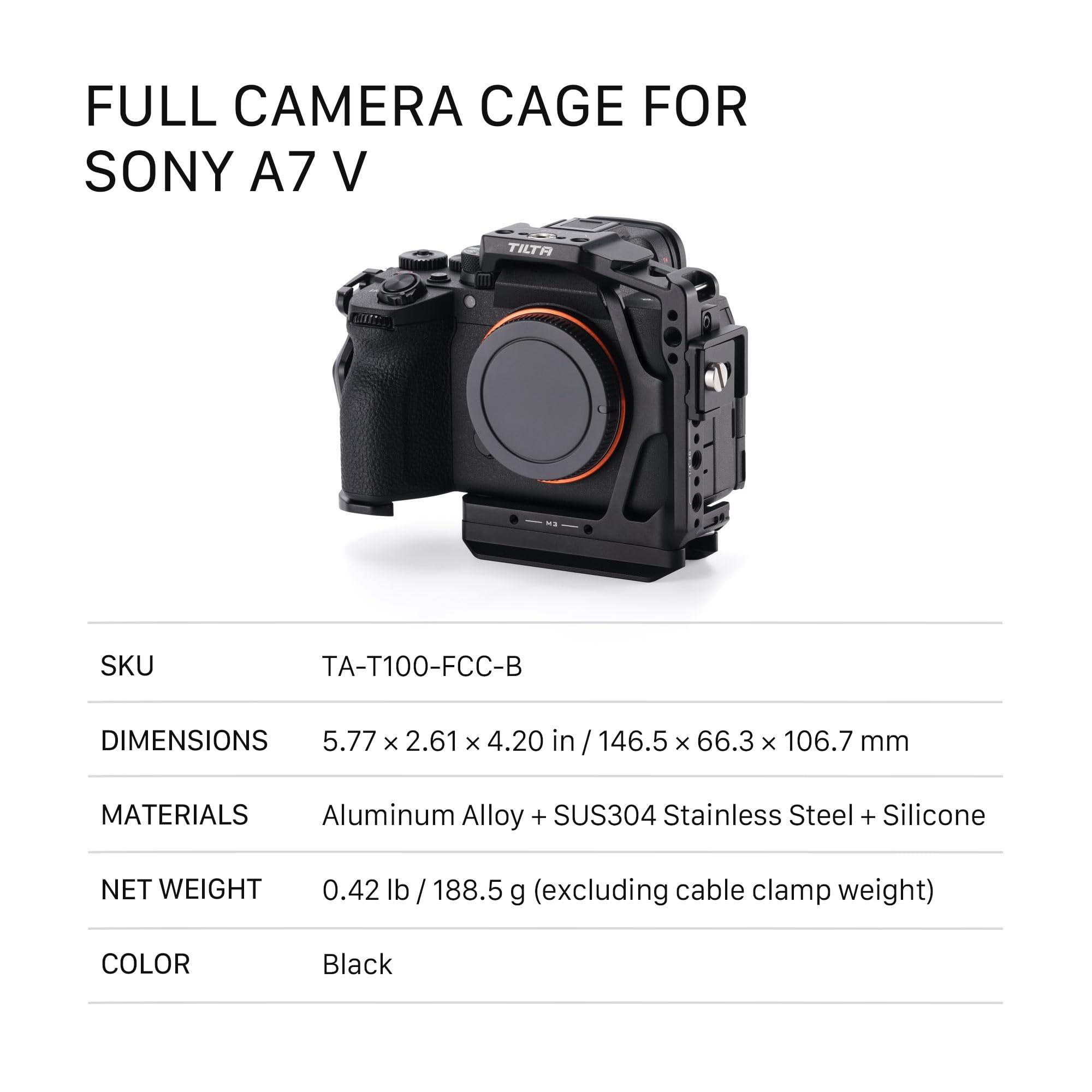 Tilta Gabbia A7 V, gabbia completa per fotocamera compatibile con Sony Alpha 7 V/A7 IV/A7R V con ricevitore cold shoe, filettature da 1/4”-20 e 3/8”-16 - Nero TA-T100-FCC-B
