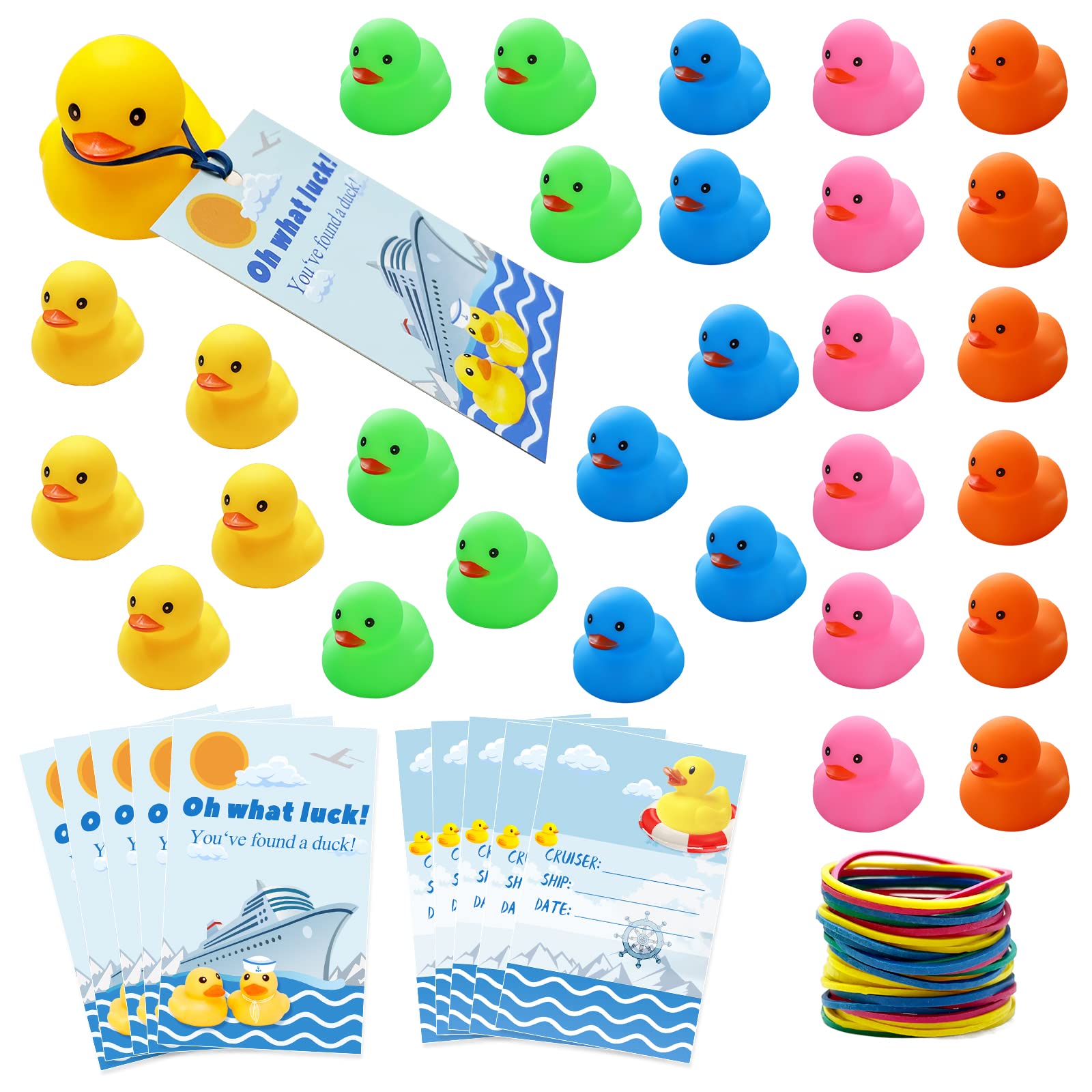 90 Pcs Duck Cards and Cruise Ducks, Multi-colored Rubber Ducks Cruise Duck Tags for Cruise Ships Duck Tags with Color Rubber Bands Ducking Game Card for Hiding Carnival Party Game Decor Supplies