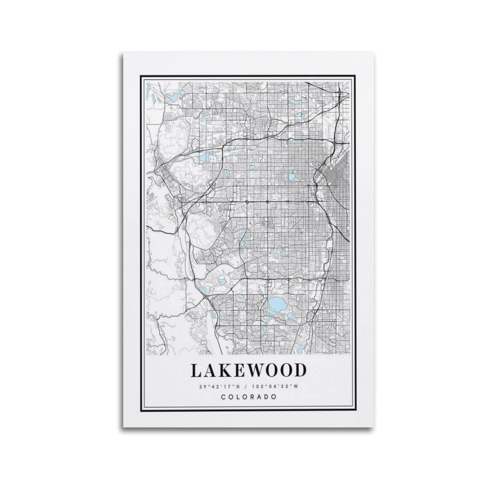 xiaoxiaoshen Lakewood Colorado Map Canvas Poster Wall Art Prints Room Aesthetic Murals Bedroom And Living Decorations 24x36inch(60x90cm)