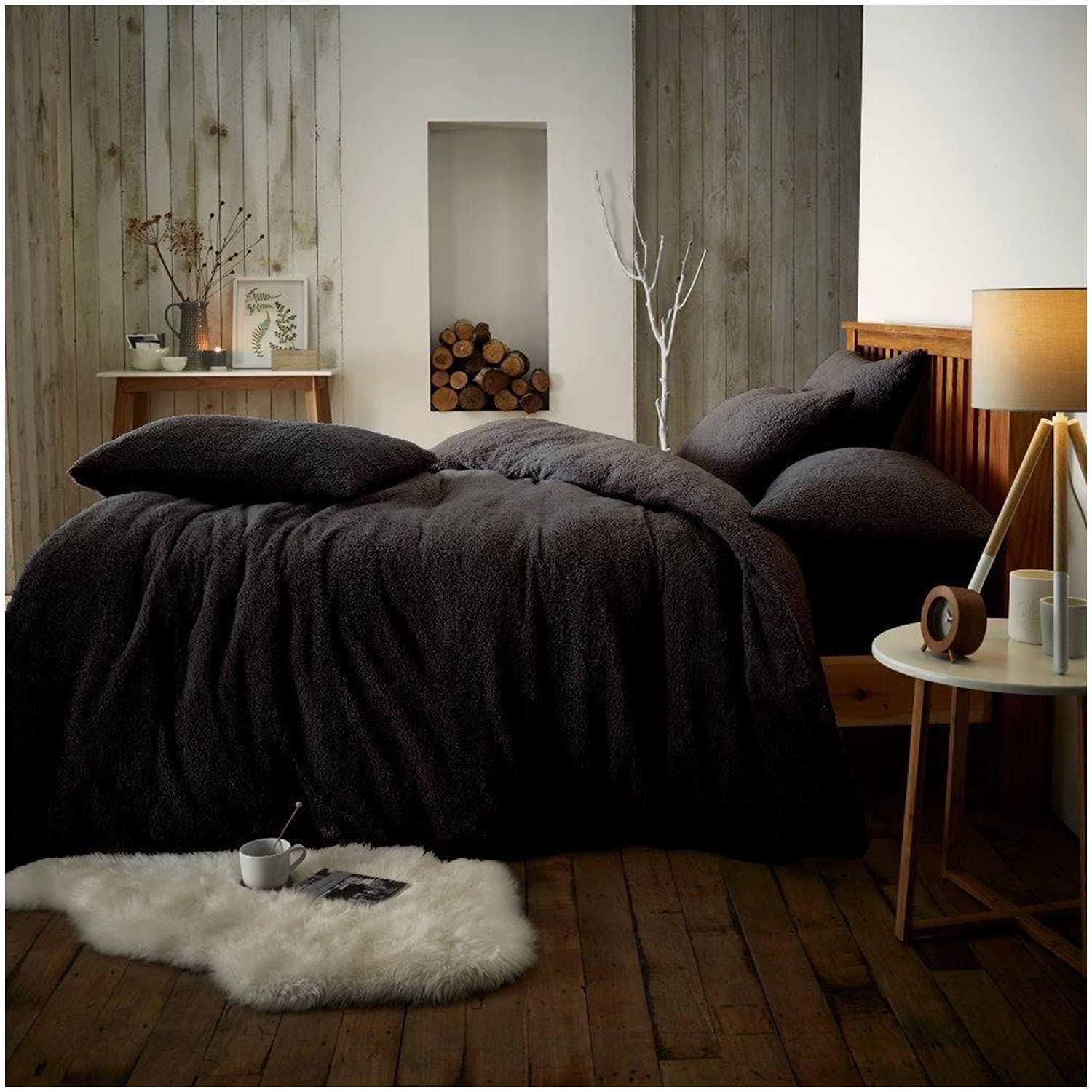 GC GAVENO CAVAILIA Teddy Duvet Cover Double - Fleece Bedding Set with Pillowcases - Black