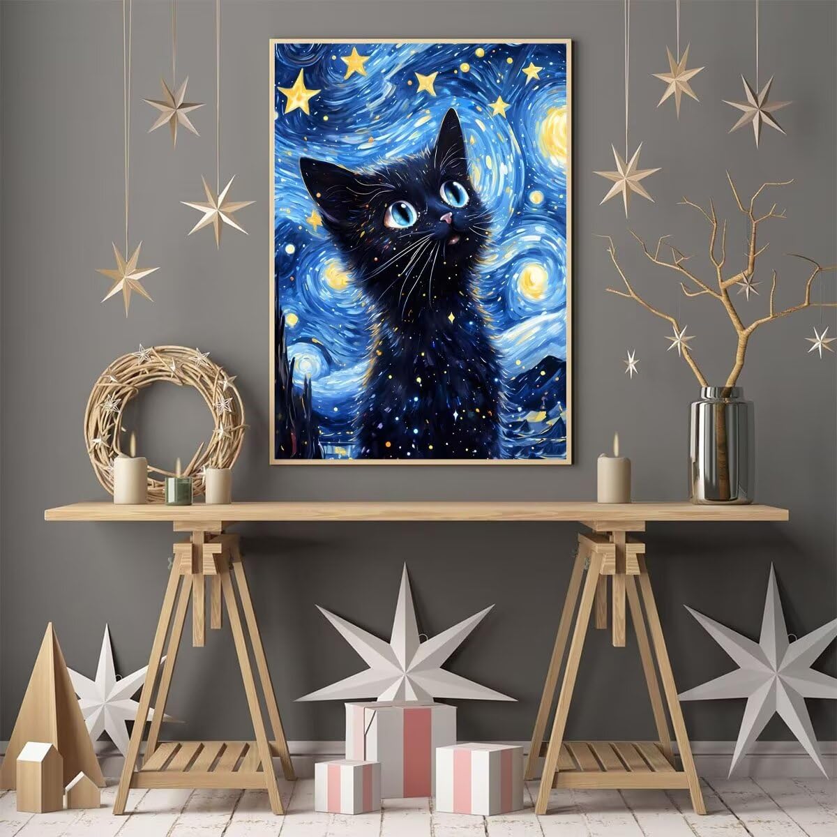 Kit Peinture Par Numéros Adulte Chat & Ciel Étoilé - Toile 20x30cm Avec Cadre, Idéal Débutants Et Décoration