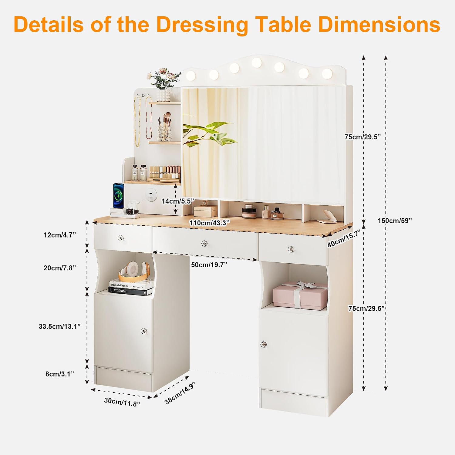 43.3'' Vanity Desk with Mirror and Lights, Makeup Vanity with 2 USB Power Strip, Vanity Set with Three Drawers and Two Cabinet, 7 Lights with 3 Colors, Foldable Three-Sided Mirror, White
