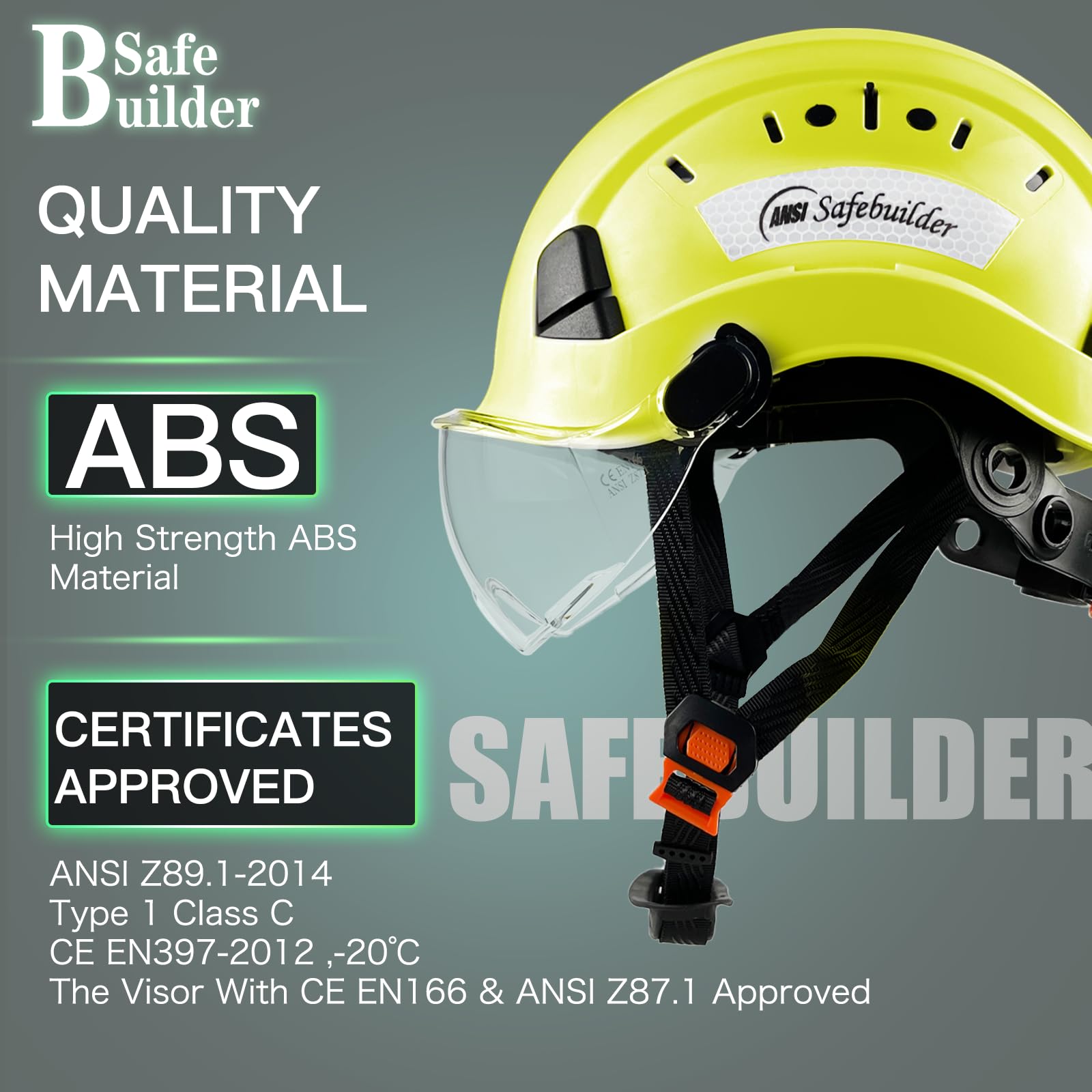 SAFEBUILDER Kask ochronny budowlany z wizjerem ABS twardy kapelusz regulowany kask wentylacyjny przemysłowa ochrona głowy roboczej dla mężczyzn certyfikat ANSI/ISEA Z89.1