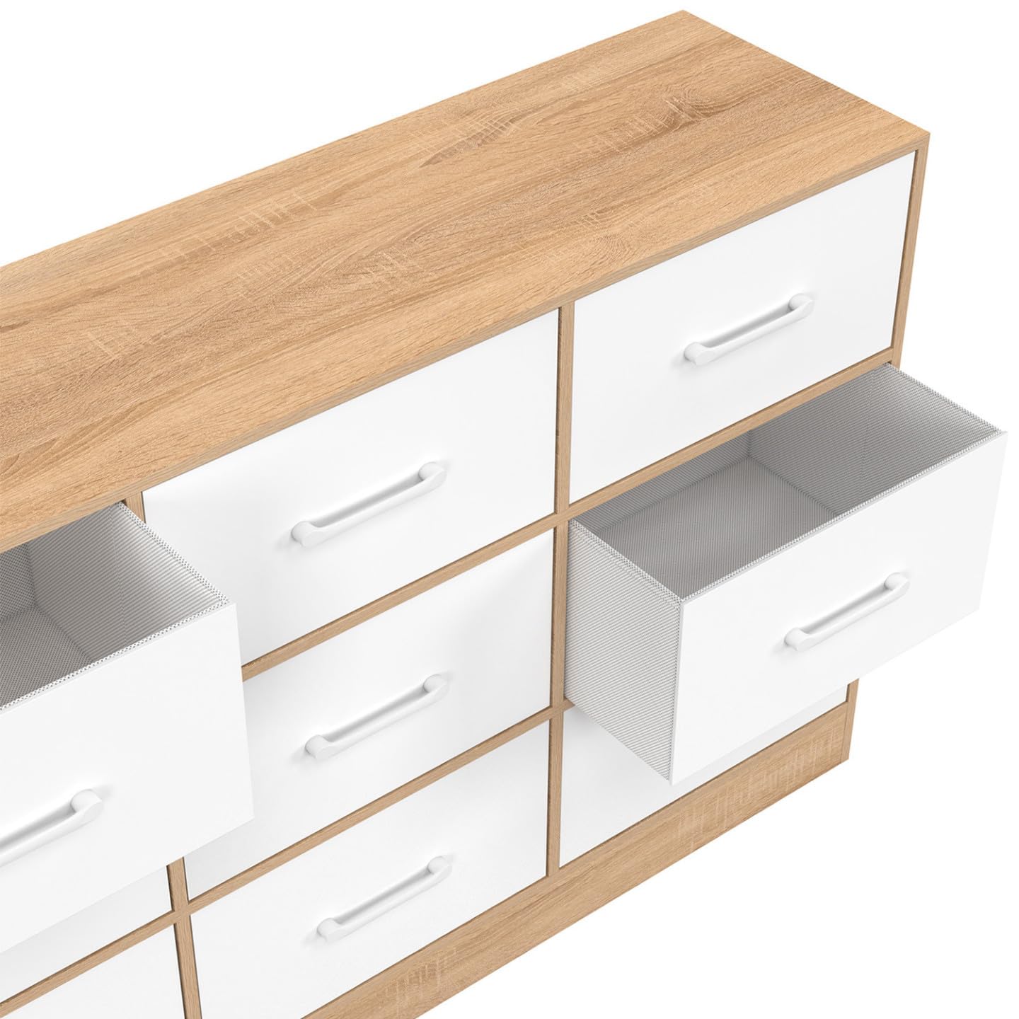 IDMarket - Commode 9 tiroirs en Tissu UPPAH 113 cm Meuble de Rangement Bois façon hêtre et Blanc