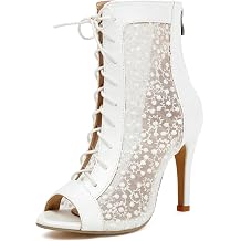 Womens Lace Up Dance Heels Open Toe Mesh Sparkling Sequin Booties Peep Toe Stiletto High Heel Dance Shoes