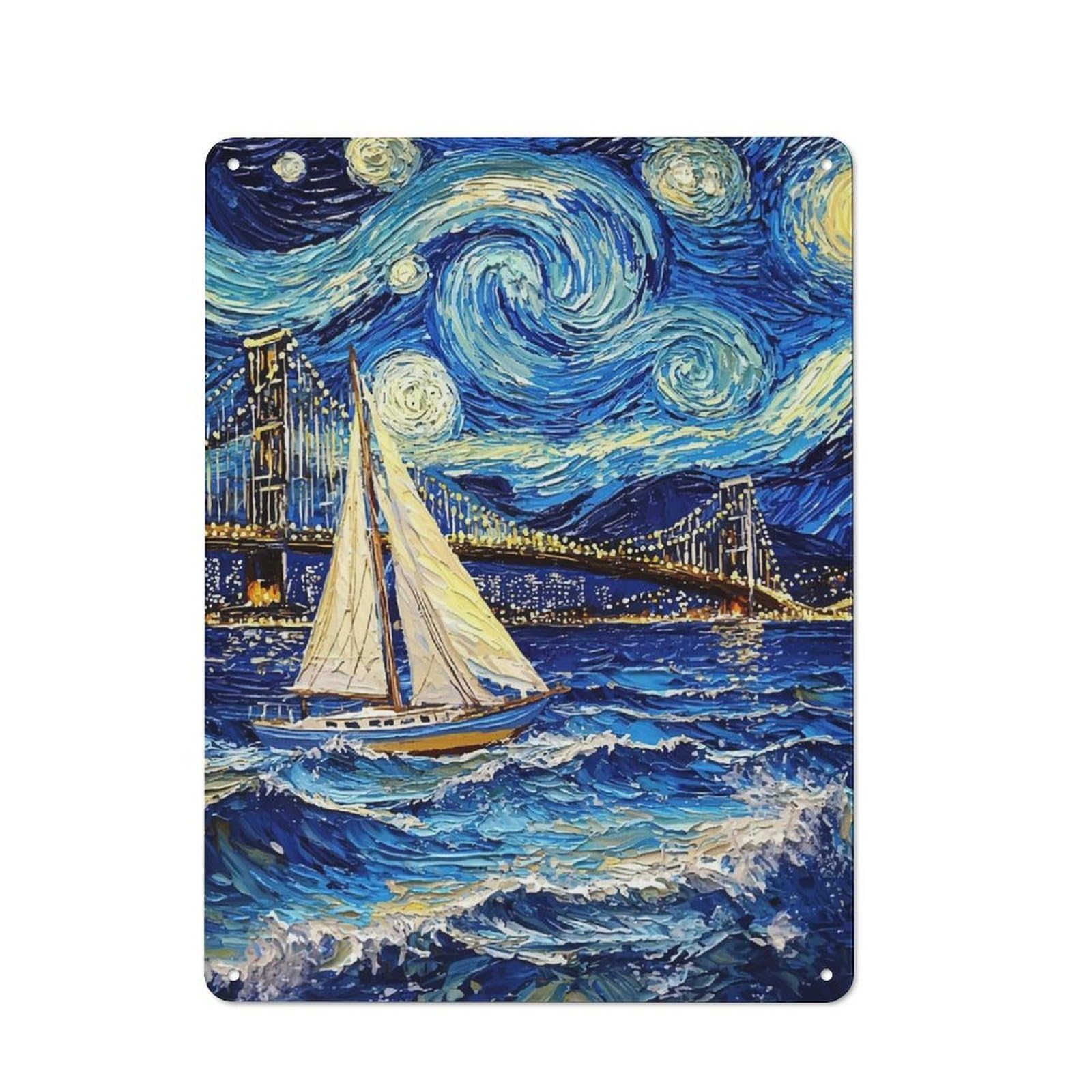 Junmoney Starry Night Sailboat Friendly Cafe Metal Sign 40X30cm, Restaurant Wall Art For Coffee Bar, Small Shop Or Dining Room
