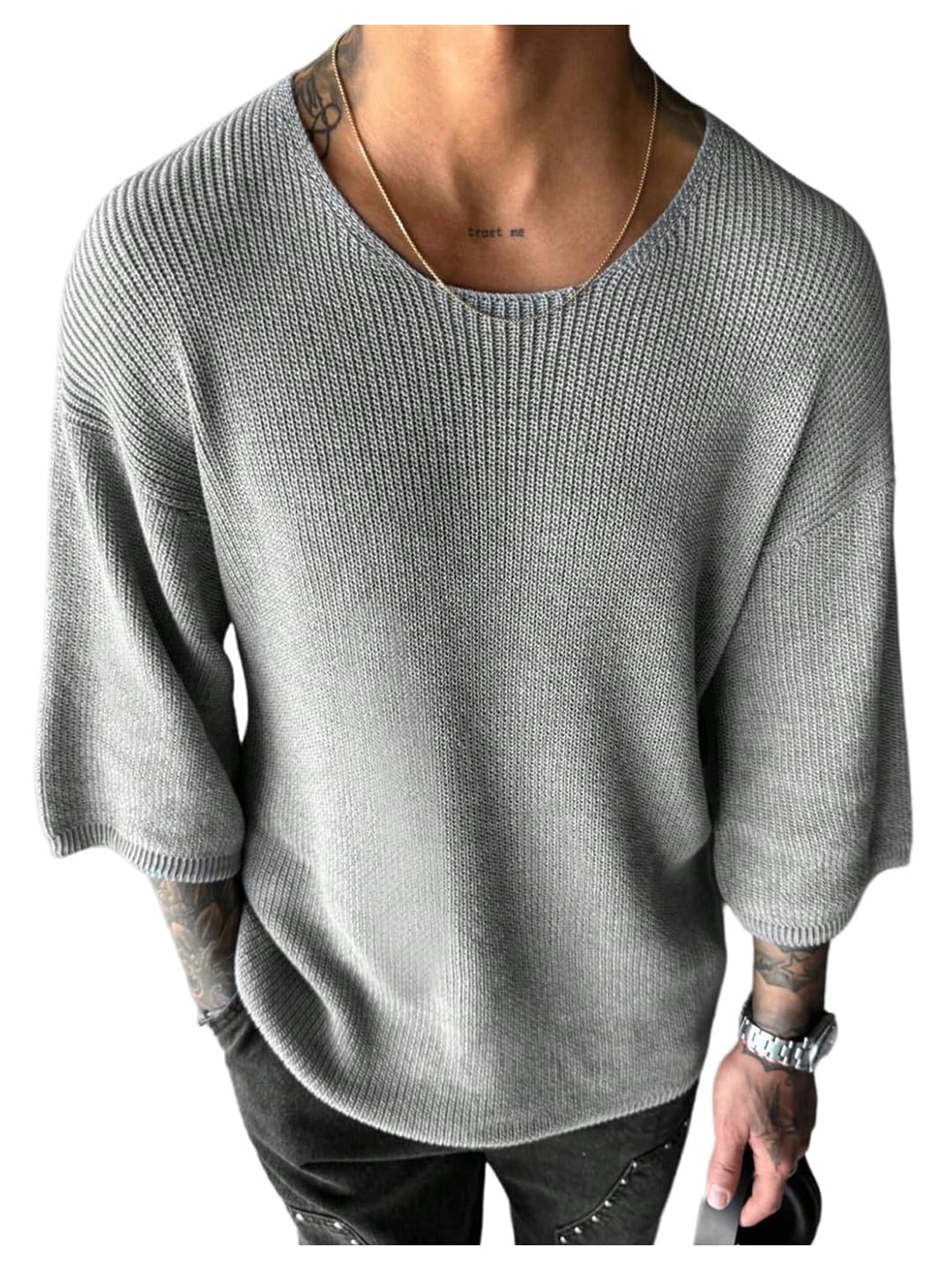 Verdusa Men's Drop Shoulder 3/4 Sleeve Sweaters Crew Neck Ribbed Knit Tops
