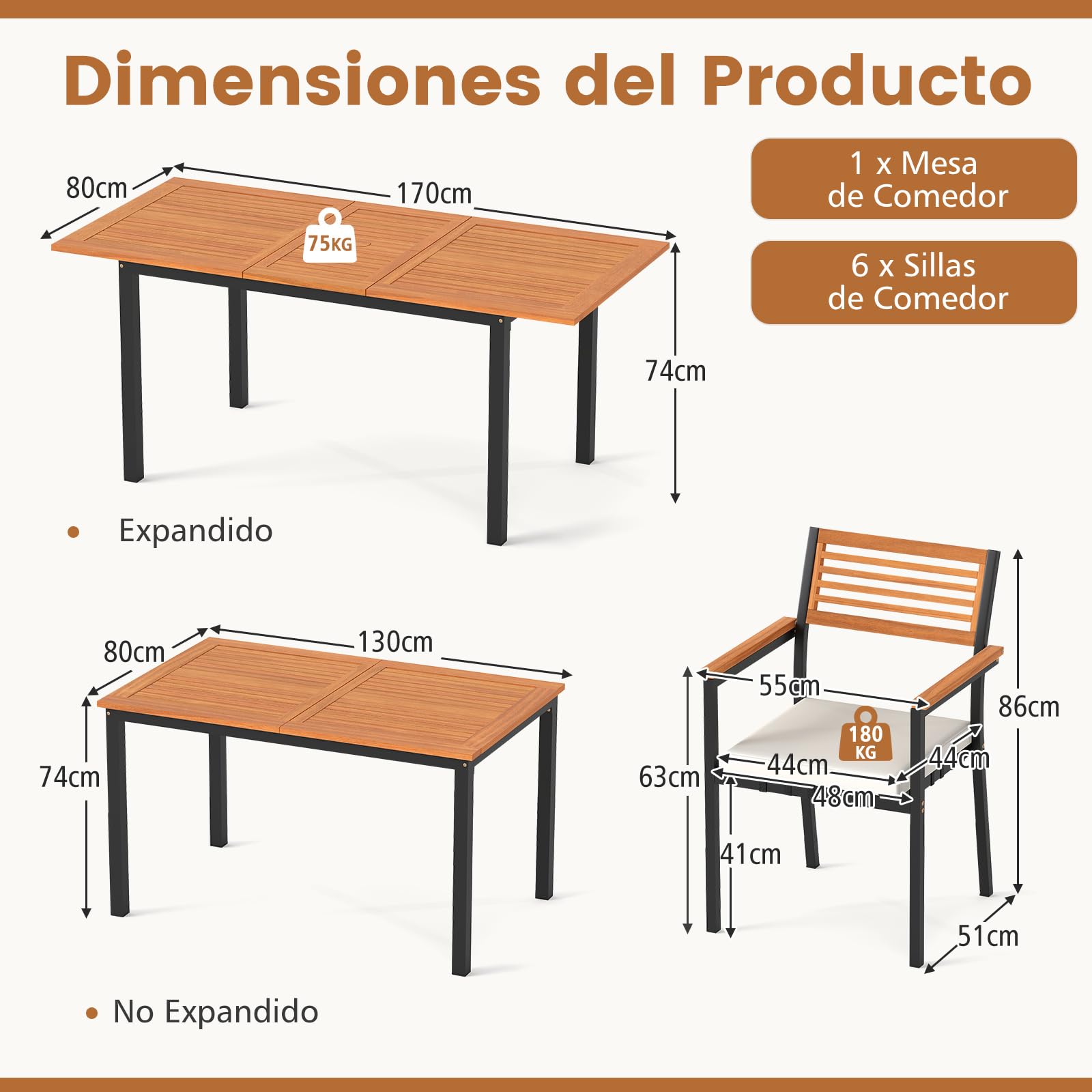 COSTWAY Conjunto Jardín Exterior de 7 Piezas, Madera Acacia, Muebles de Comedor con Mesa Extensible,6 Sillas Apilables，Cojines Extraíbles，Mesa y Sillas Jardin Patio Terraza Balcon