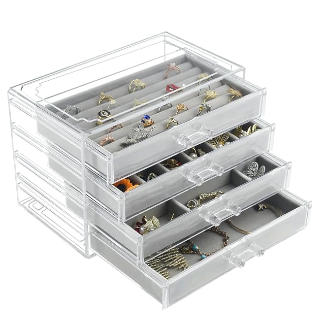 Weiai Acrylic Jewelry Organizer Clear Jewelry Box with 4 Drawers Jewelry Case Storage for Women Gray