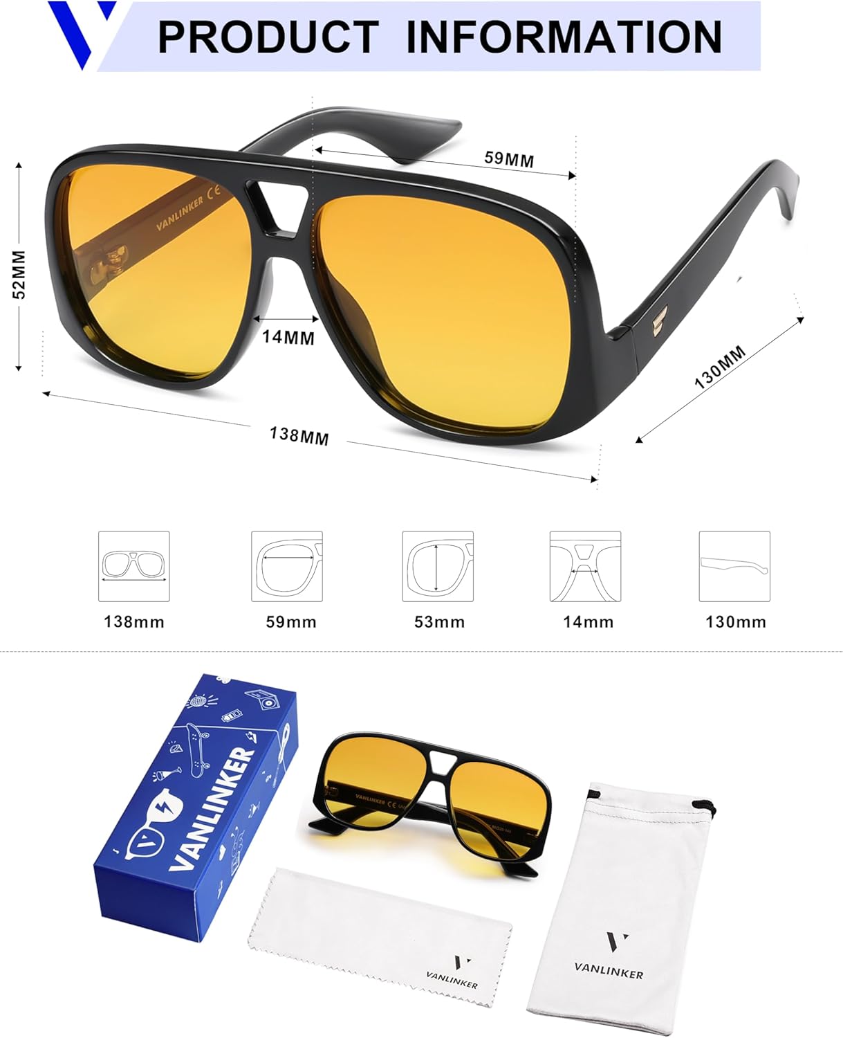 VANLINKER Oversized Aviator Polarized Sunglasses for Women Men Retro Square Eyewears Vintage 70s Style Low-Set Temples VL9822 - Image 5