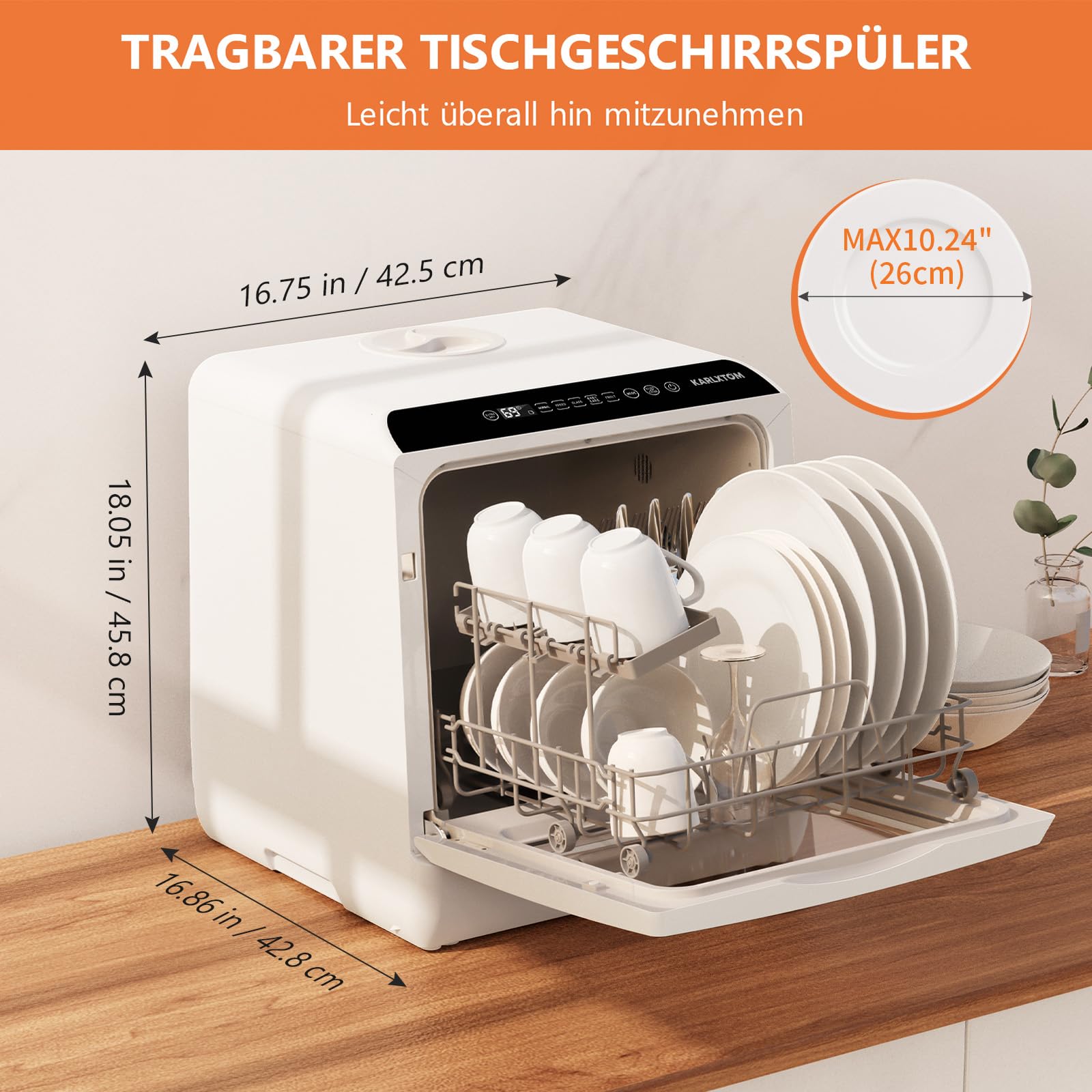 Karlxtom TDQR03A Mini Geschirrspüler, 6 Programme freistehender Tischgeschirrspüler, Spülmaschine mit 2 Wasserversorgungsmodi, Auto-Trocknung