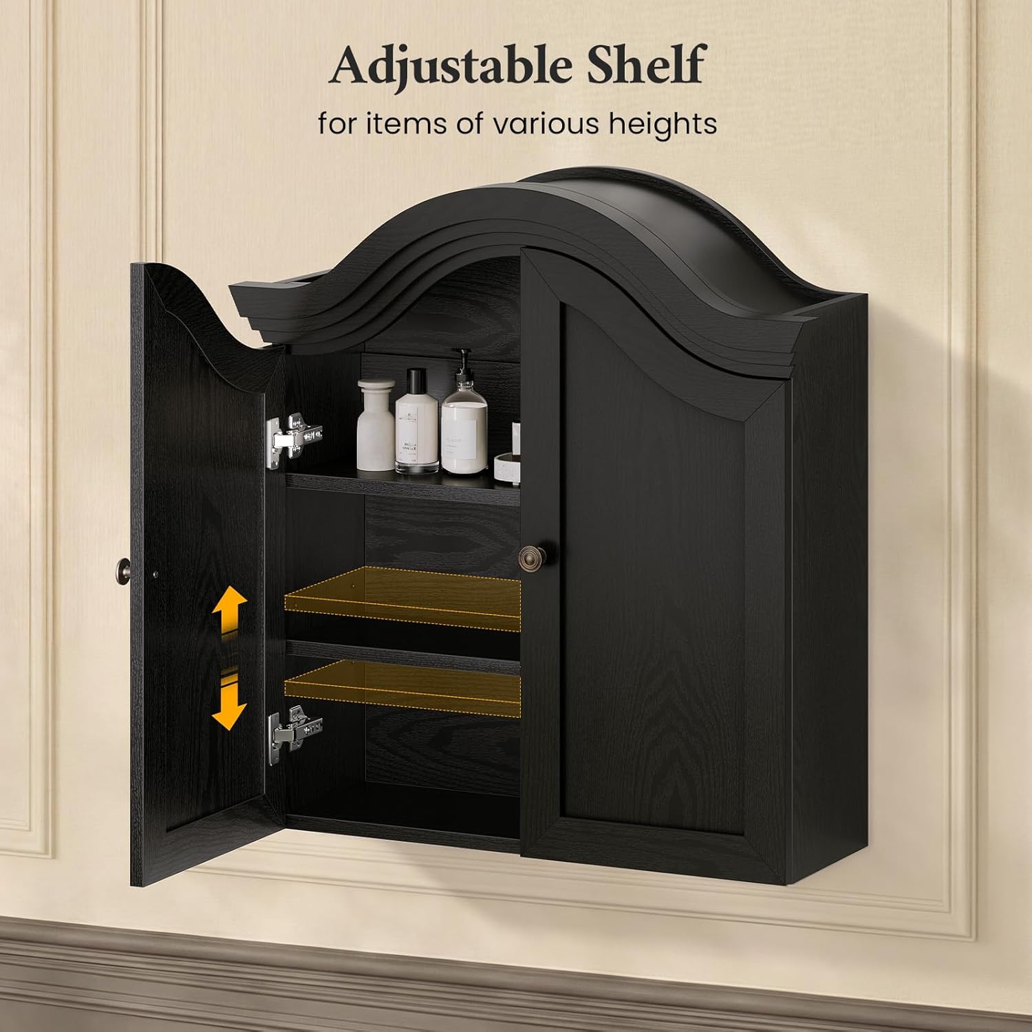 Bathroom Wall Cabinet with Scalloped Arched Top & Adjustable Shelf, Over The Toilet Storage Cabinet with Recessed Door & 3 Shelves, Medicine Cabinet for Bathroom, Laundry Room, Black