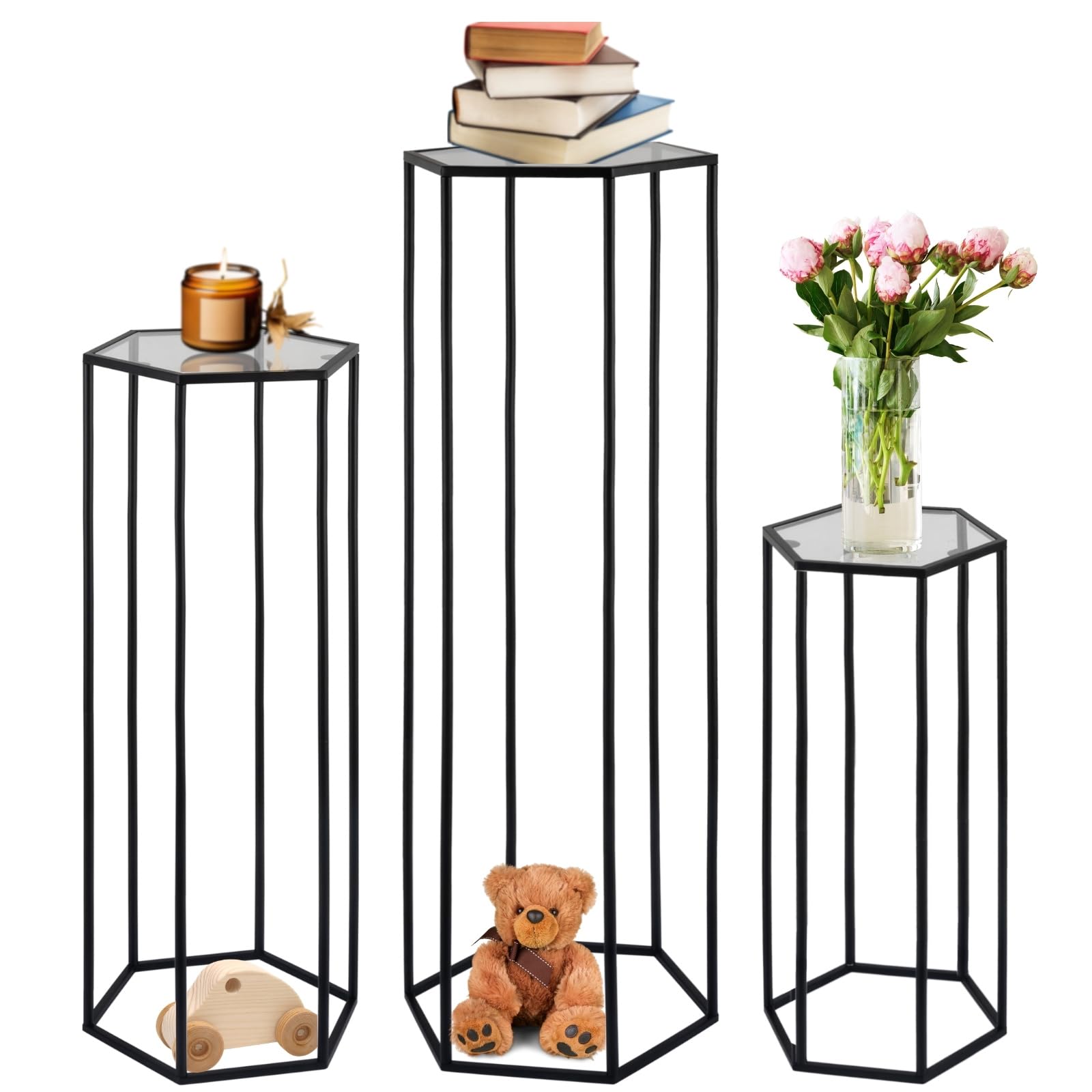 3 soportes cilíndricos hexagonales de metal para fiestas, pedestal de pasteles, soporte de flores para boda, soporte de plantas para cumpleaños, boda, sala de estar, patio, decoración de