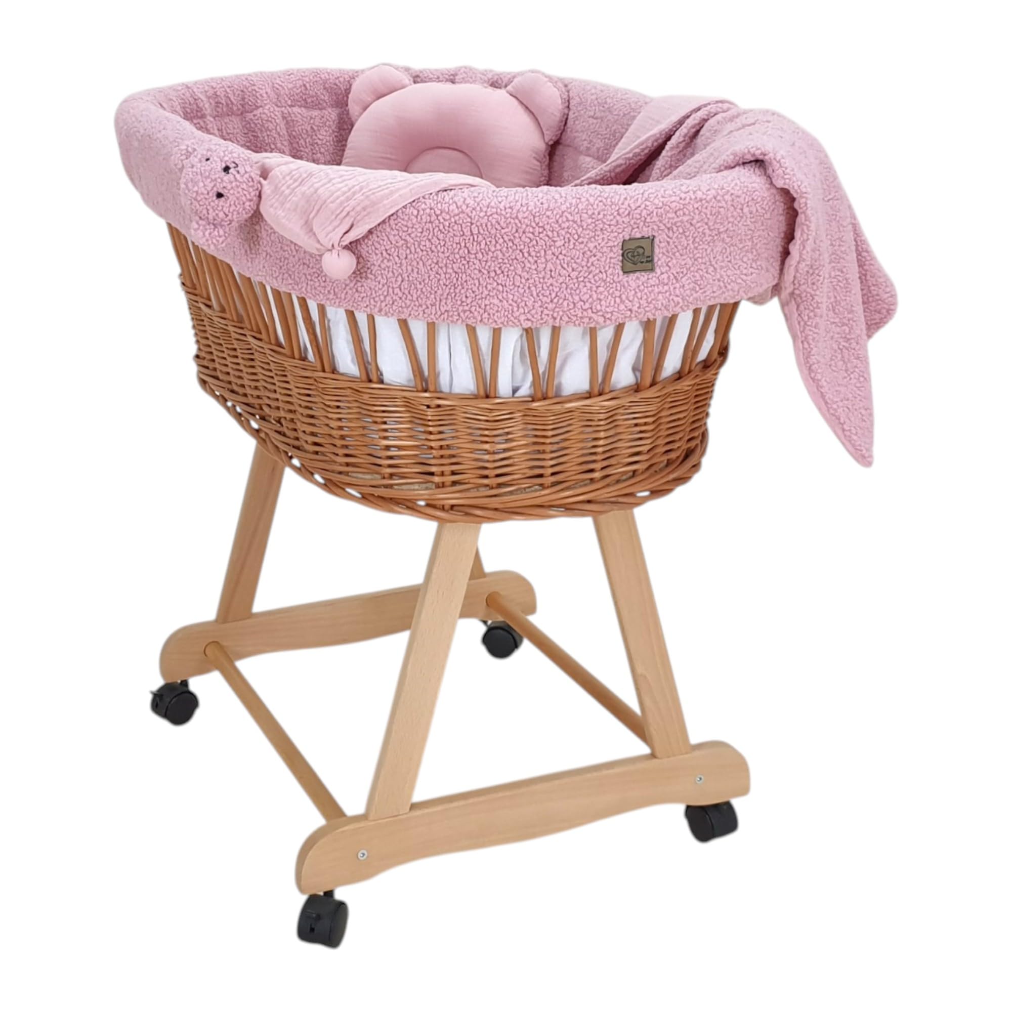 Łóżeczko dziecięce Amelia – naturalne ręcznie tkane Mojżesz ze stojakiem i materacem – 5-częściowy zestaw pościeli Teddy w kolorze różowym – przenośny wózek na kółkach – idealny dla
