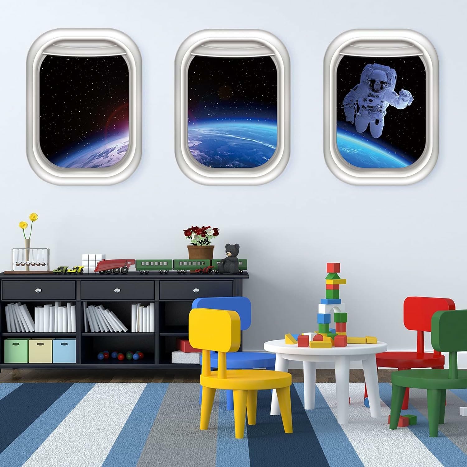 GADGETS WRAP Space Astronaut Window Wall Sticker Galaxy and Planet Fake Window Wall Decals Removable Outer Space Window View Wall Stickers Decal for Living Room
