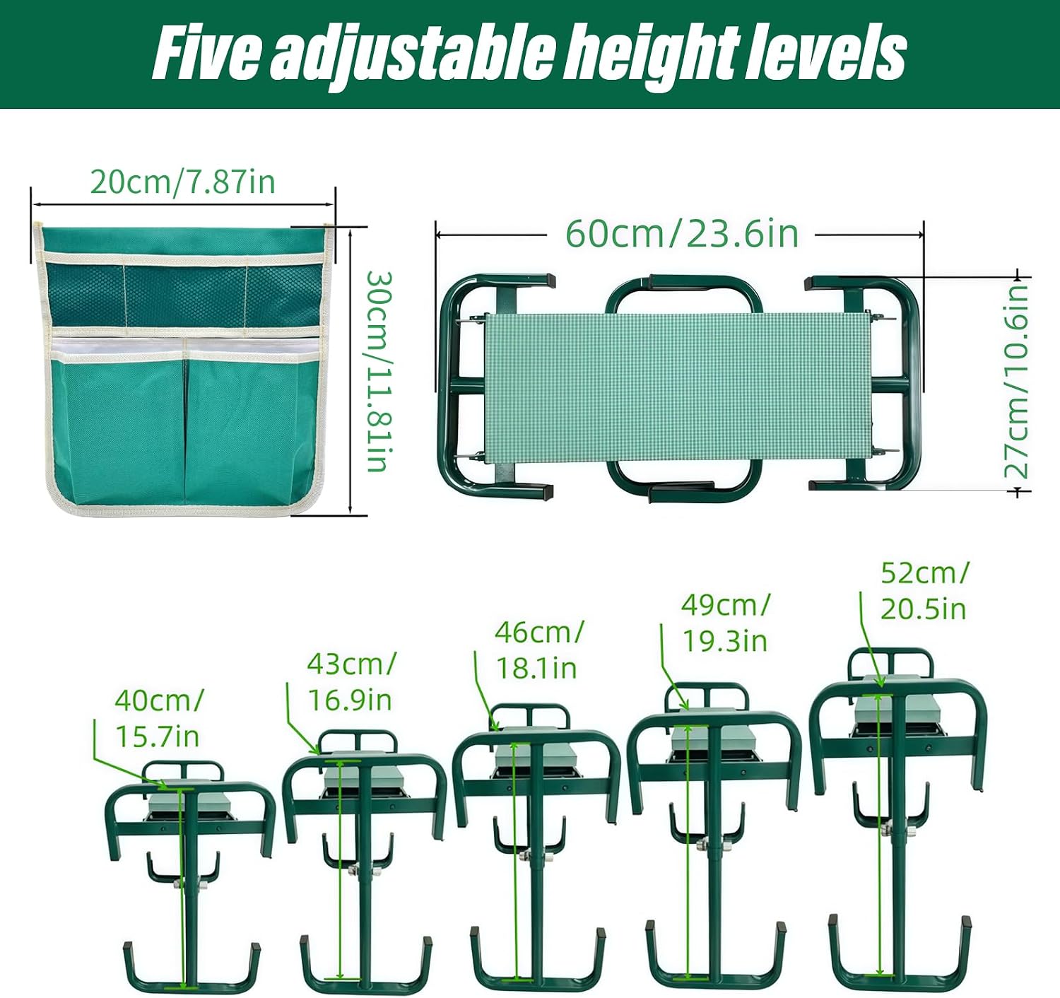 Adjustable Garden Kneeler and Seat, Foldable Garden Kneeler and Seat with Wider Kneeling Pad and 2 Tool Pouches Height Adjustable Heavy Duty Gardening Stool