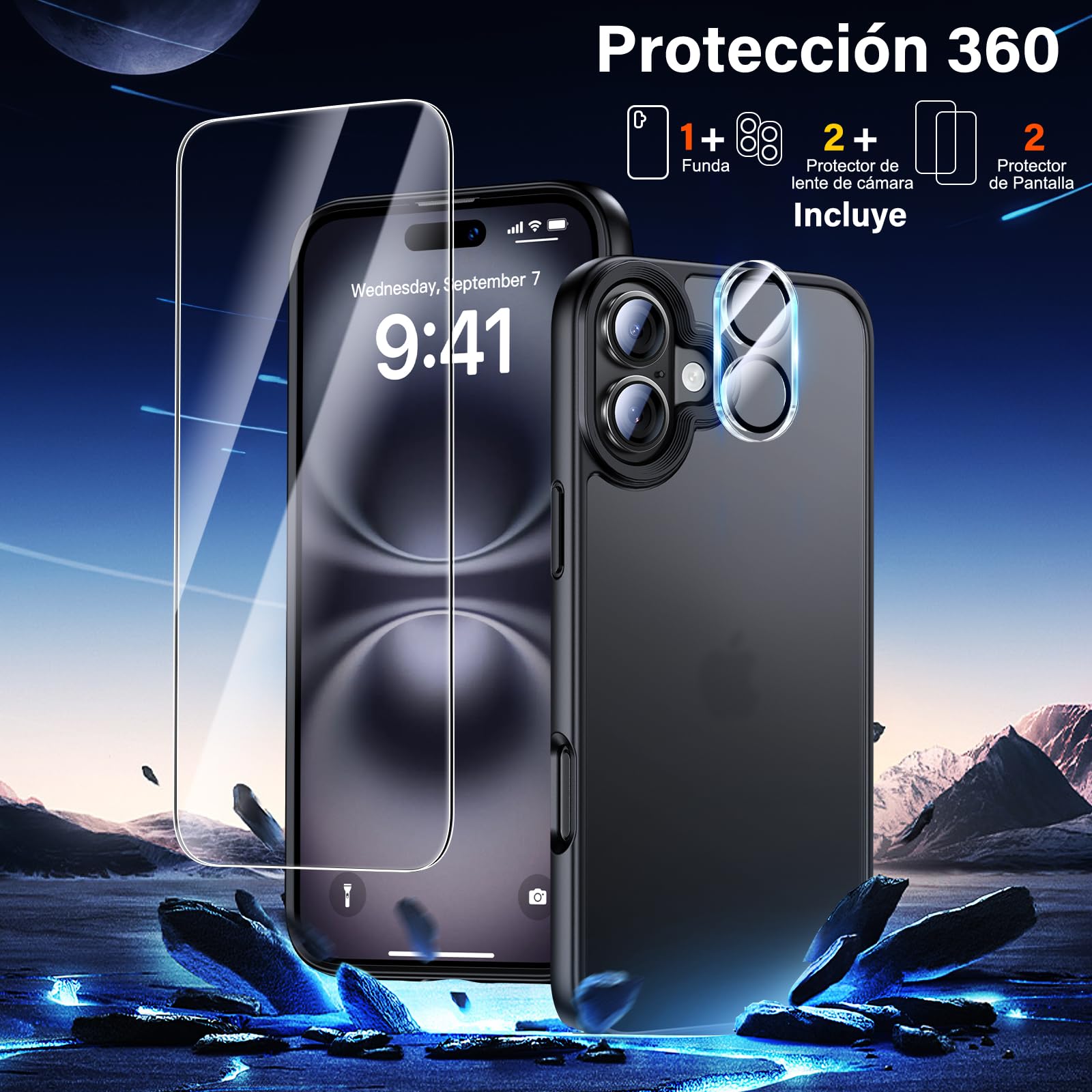 UniqueMe Para iPhone 16 Funda - Case para iPhone 16 Case,5 en 1 Set Cover Protection,1 Funda & 2 Protector Pantalla & 2 Protector de Cámara - Negro