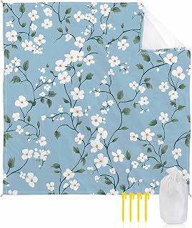 Beach Blanket Waterproof Sandproof, Watercolor Country Camellia Quick Drying Beach Mat with 4 Stakes, Pastoral Floral on Blue Lightweight Picnic Blanket for Travel Camping Outdoor 95"x80"