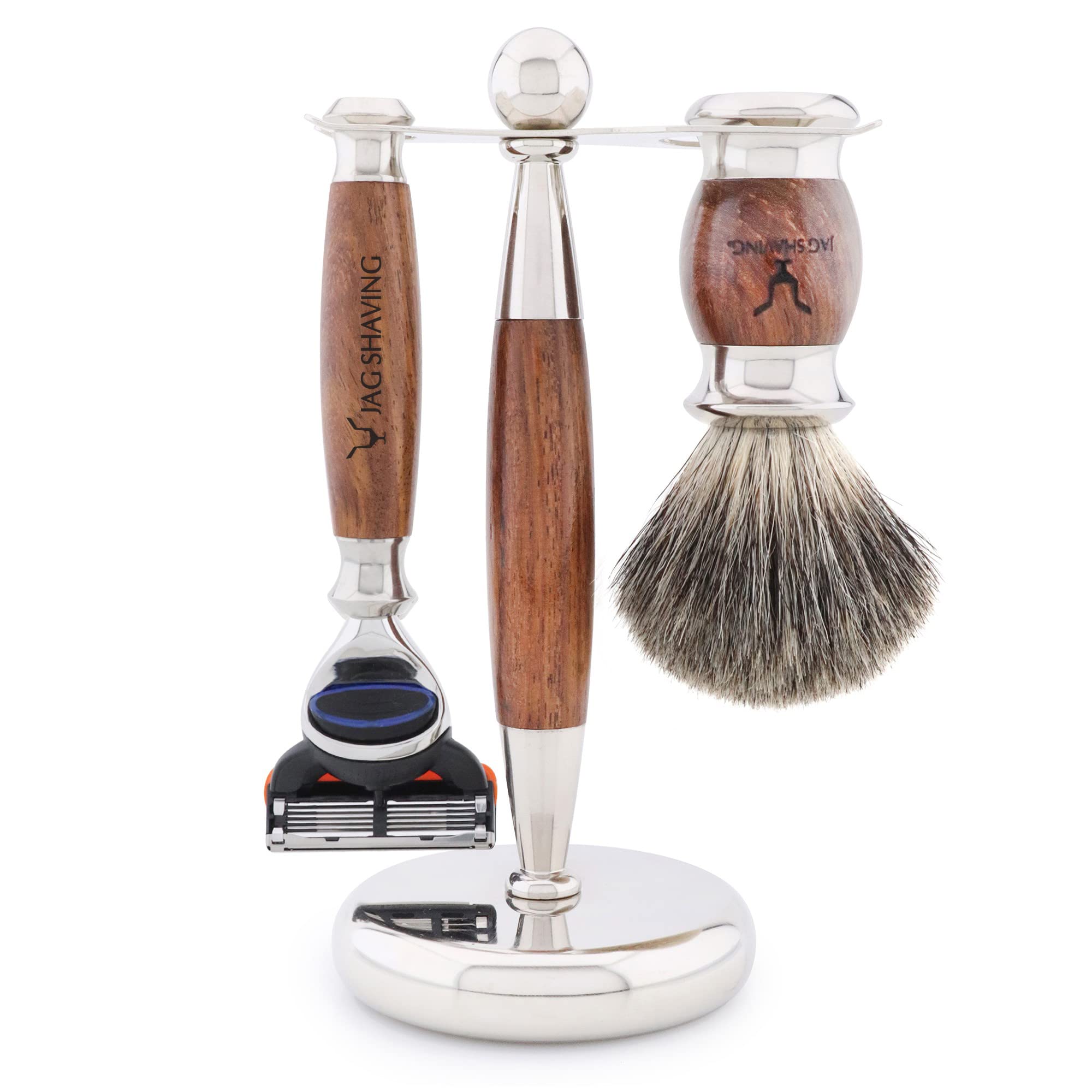 Jag Shaving Rasierset - JAG's LEE Range 4-teiliges Rasierset - Super Dachshaar Rasierpinsel - 5 Rasierklingen Rasierhobel - Rasierständer aus Edelstahl und Holz - Rasierschale - Holz Set