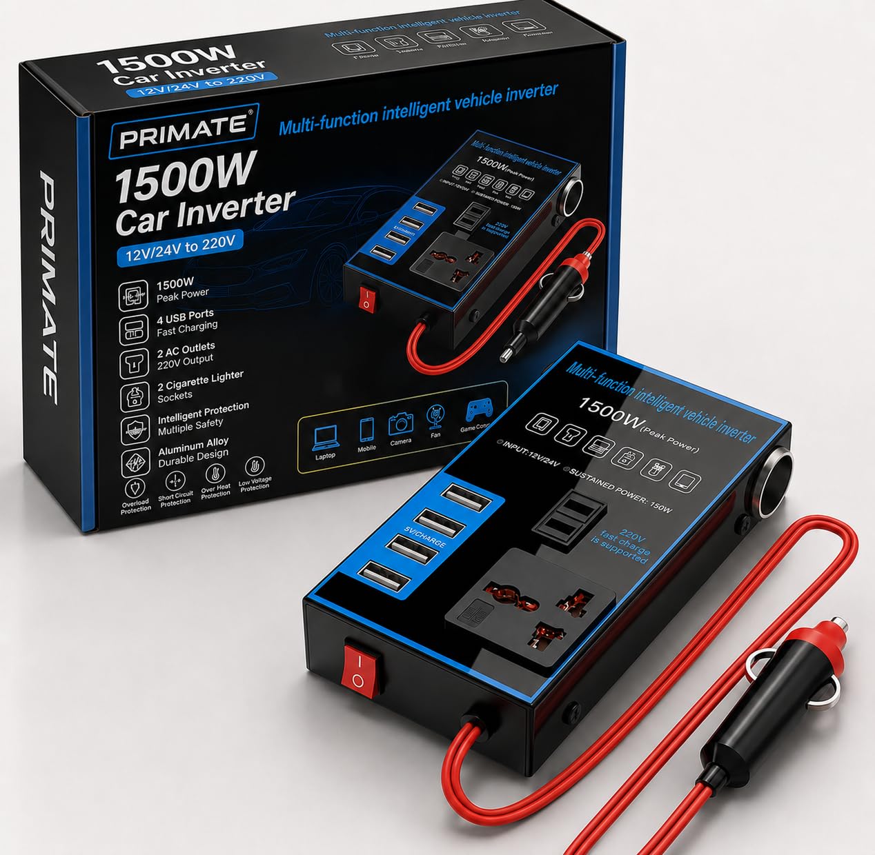 Primate 1500W Car Power Inverter 12V/24V DC to 220V AC Converter with 4 USB Fast Charging Ports, 2 AC Universal Outlets, Dual Cigarette Lighter Sockets, Aluminum Alloy Car Adapter-image-31