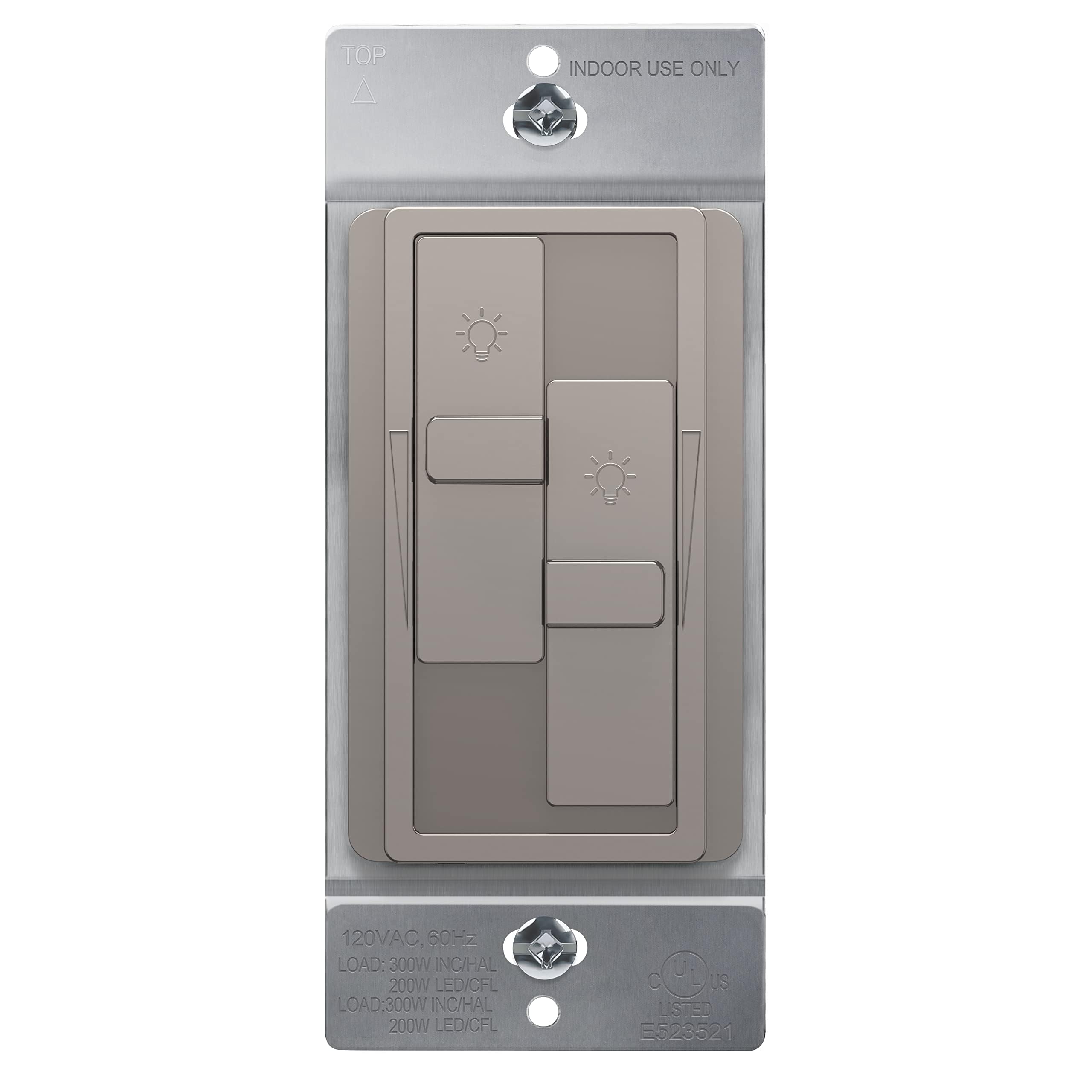 TOPGREENER Elite Series Kalide Dual Load Dimmer Light Switch, Double LED Dimmer Switch, Full Range Dimming, Single Pole, 120VAC, 60Hz, 200W LED/CFL,