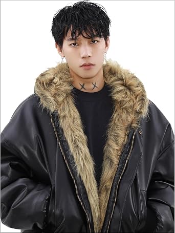 GUREITOJP MA-1 Leather Jacket with Hood Men's Double-Sided Reversible Fleece-Lined PU Leather Jacket Riders Jacket Flight Jacket Windproof Cold-Resistant Autumn Winter Thick Biker Jacket Men's