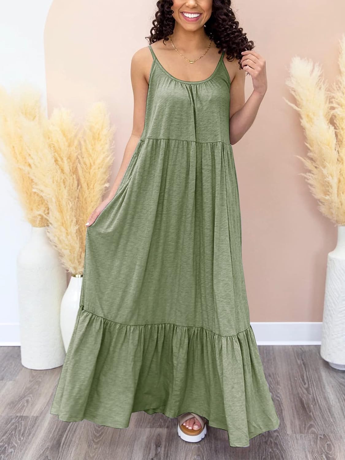 Women's Sleeveless Maxi Dress Spaghetti Strap Summer Casual Loose Tiered Flowy Swing Beach Long Dresses with Pockets - Image 2