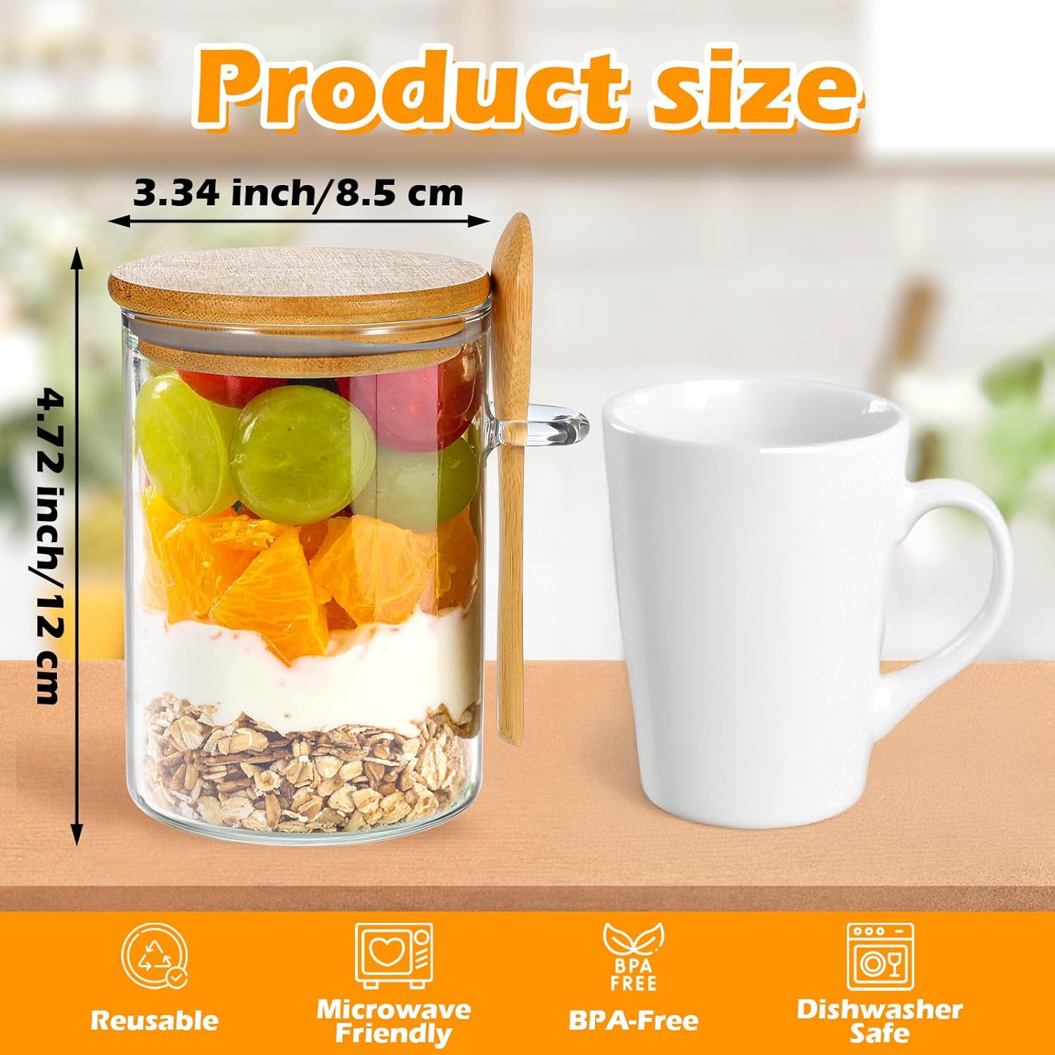 4 Pack Overnight Oats Containers with Lids and Spoons, 18oz Mason Jars Glass Storage Jars with Wide Mouth, Glass Food Storage Containers for Chia Pudding, Yogurt, Salad, Snacks, and Oatmeal - Image 2