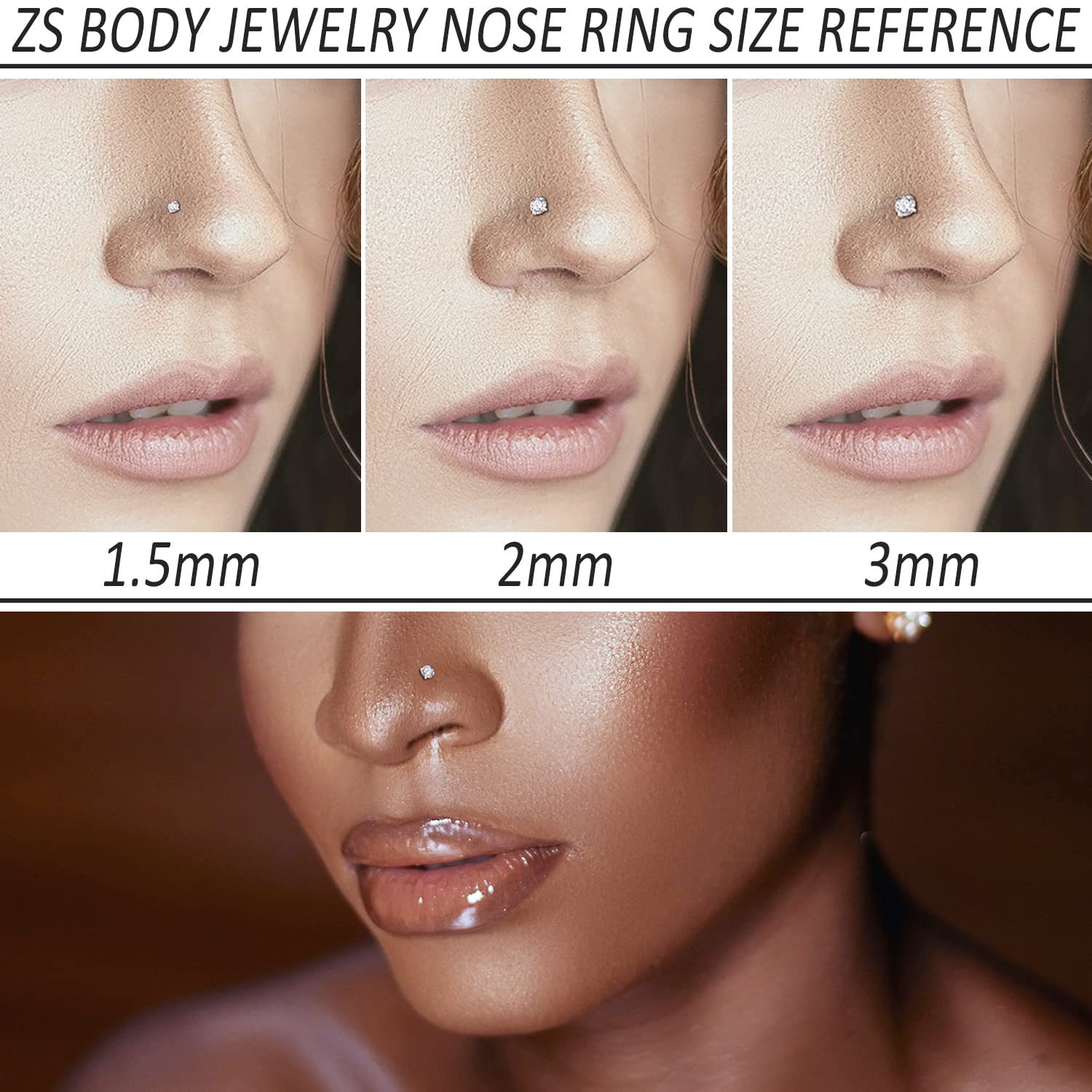 ZS 18-karatowe prawdziwe złoto 20G pierścienie do nosa dla kobiet mężczyzn, 1,5 mm 2 mm 3 mm CZ symulowany diament, solidny kolczyk do nosa 7 mm, niedrażniąca skóra biżuteria do ciała