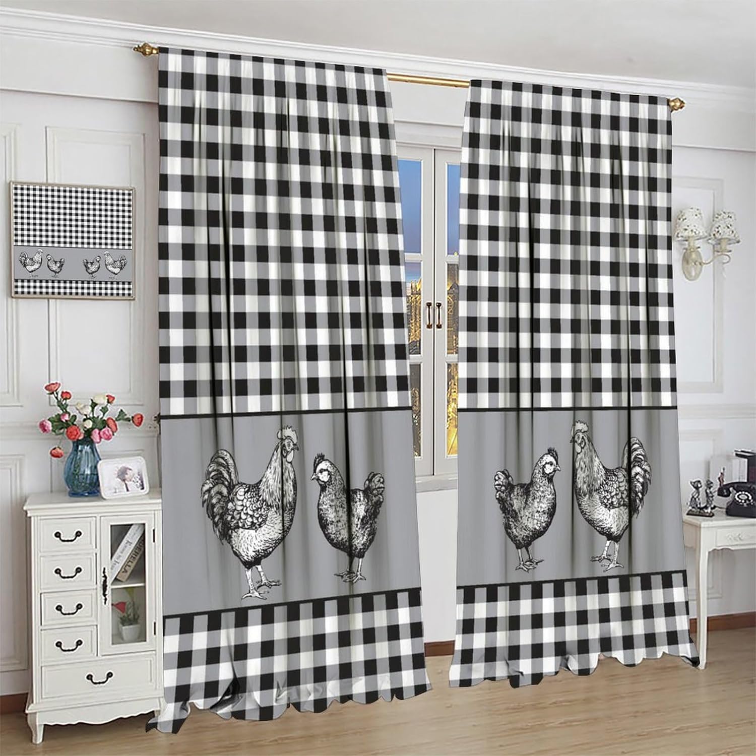 Rooster Blackout Curtains Black White Buffalo Plaid Retro Rustic Farm Animals Art Printed Bedroom Living Room Bathroom Rod Pocket Decoration Window Drapes 2 Panels W21xL45in